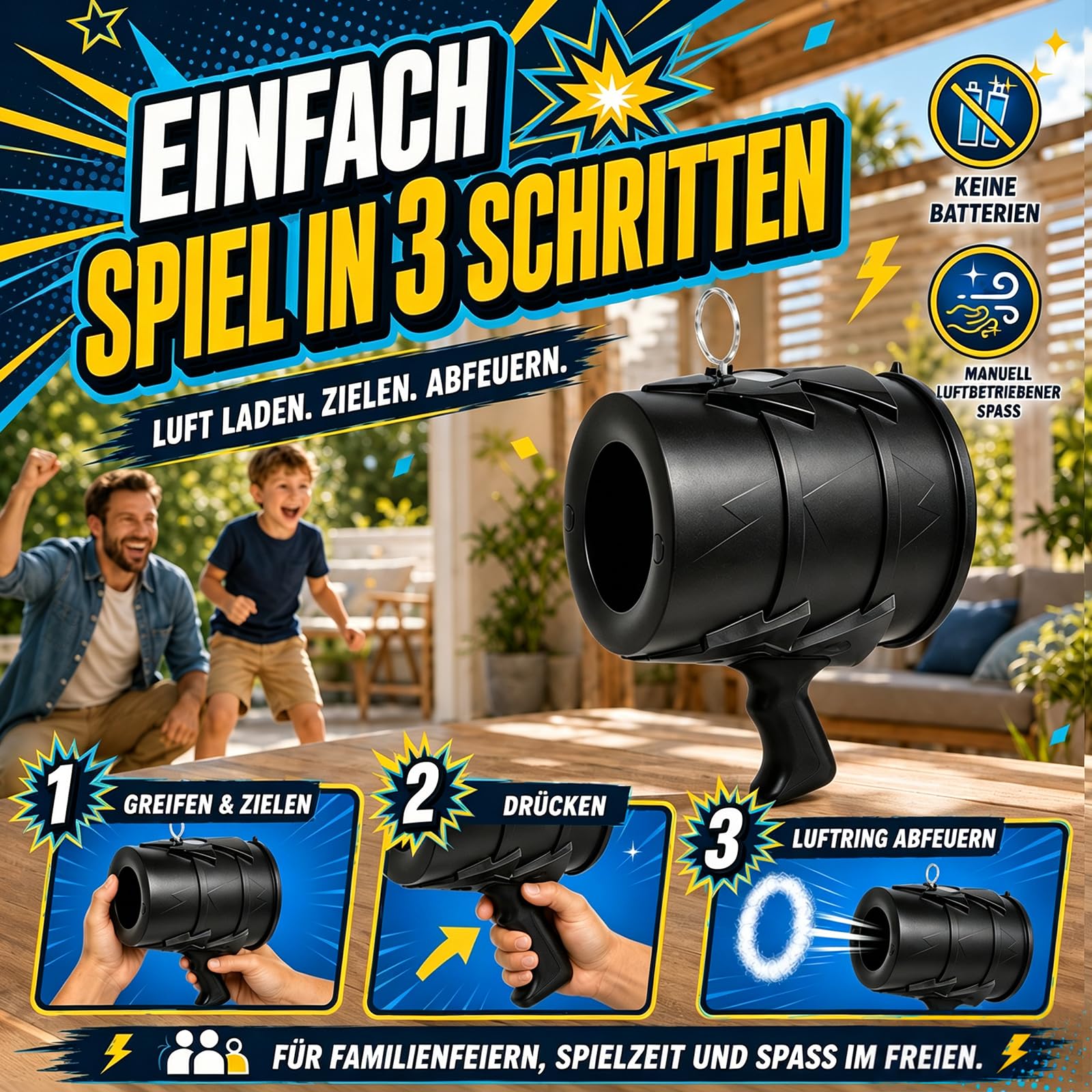 Air Vortex Kanone für Erwachsene, Luftkanone, Air Cannon Gadget, Handheld Air Blaster, Luft Kanone mit 5 m Reichweite, Vortex Gun, Bullseye Blaster, Partyspiel (Schwarz)