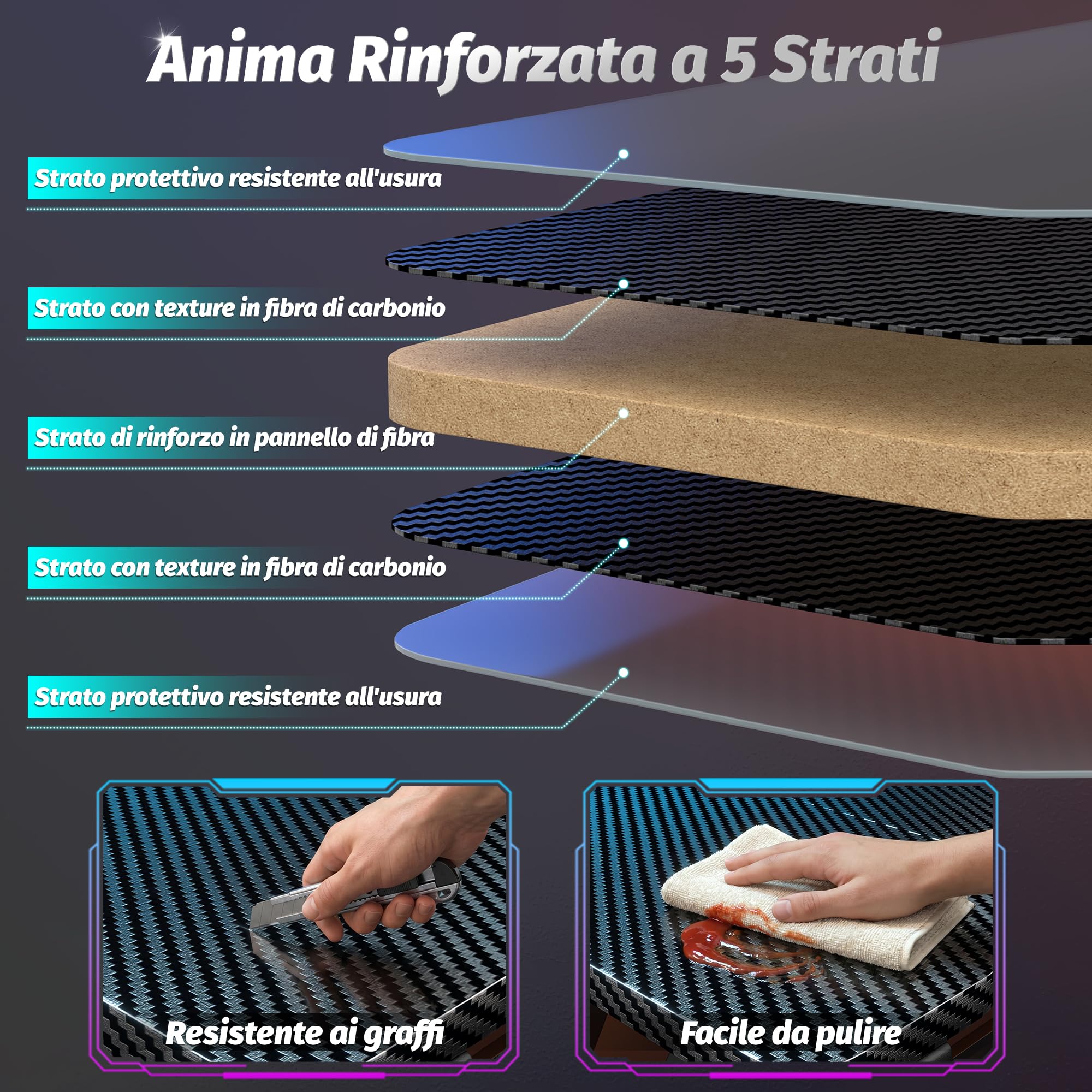 Scrivania Gaming LED 100x60cm, Tavolo Computer con Banda RGB, Tavolo Gaming Ergonomica, Gamer con Superficie in Fibra Carbonio, Scrivania per Computer con Porta Tazza e Gancio per Cuffie, Nero
