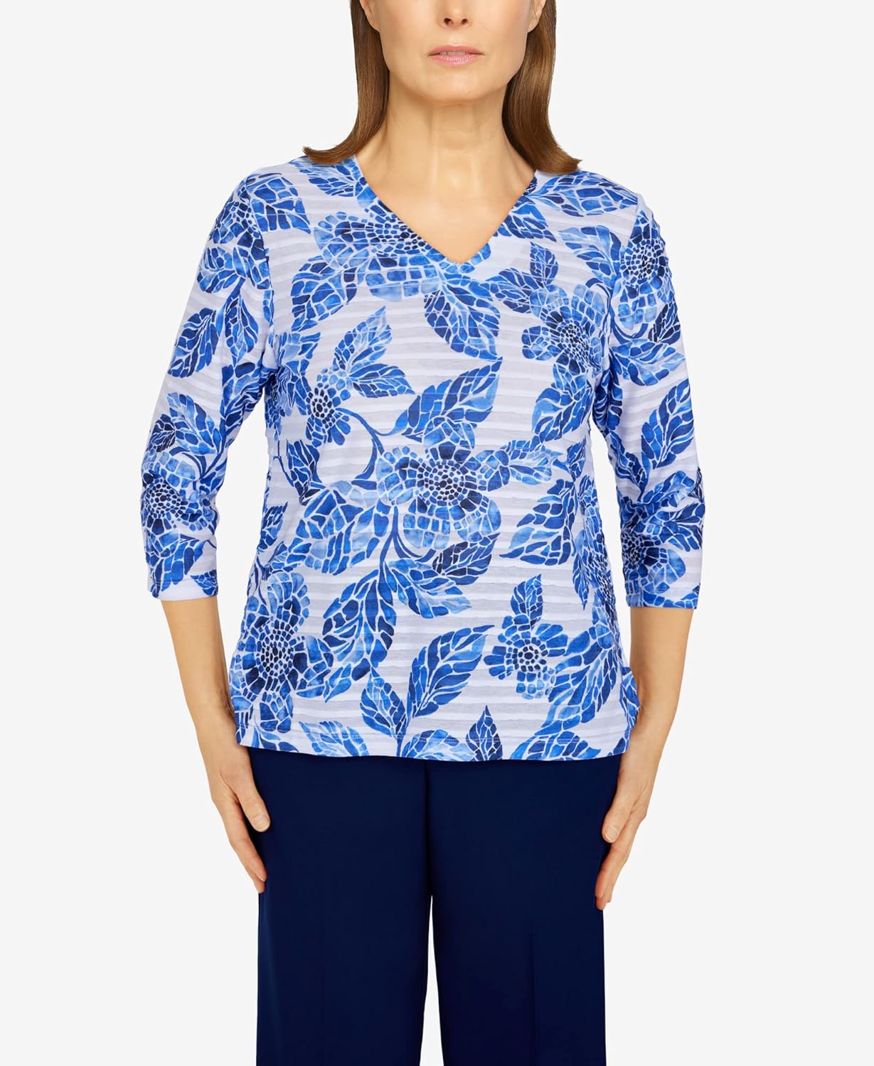 Alfred Dunner Women's Petite Mosaic Floral Ruffle Knit Top