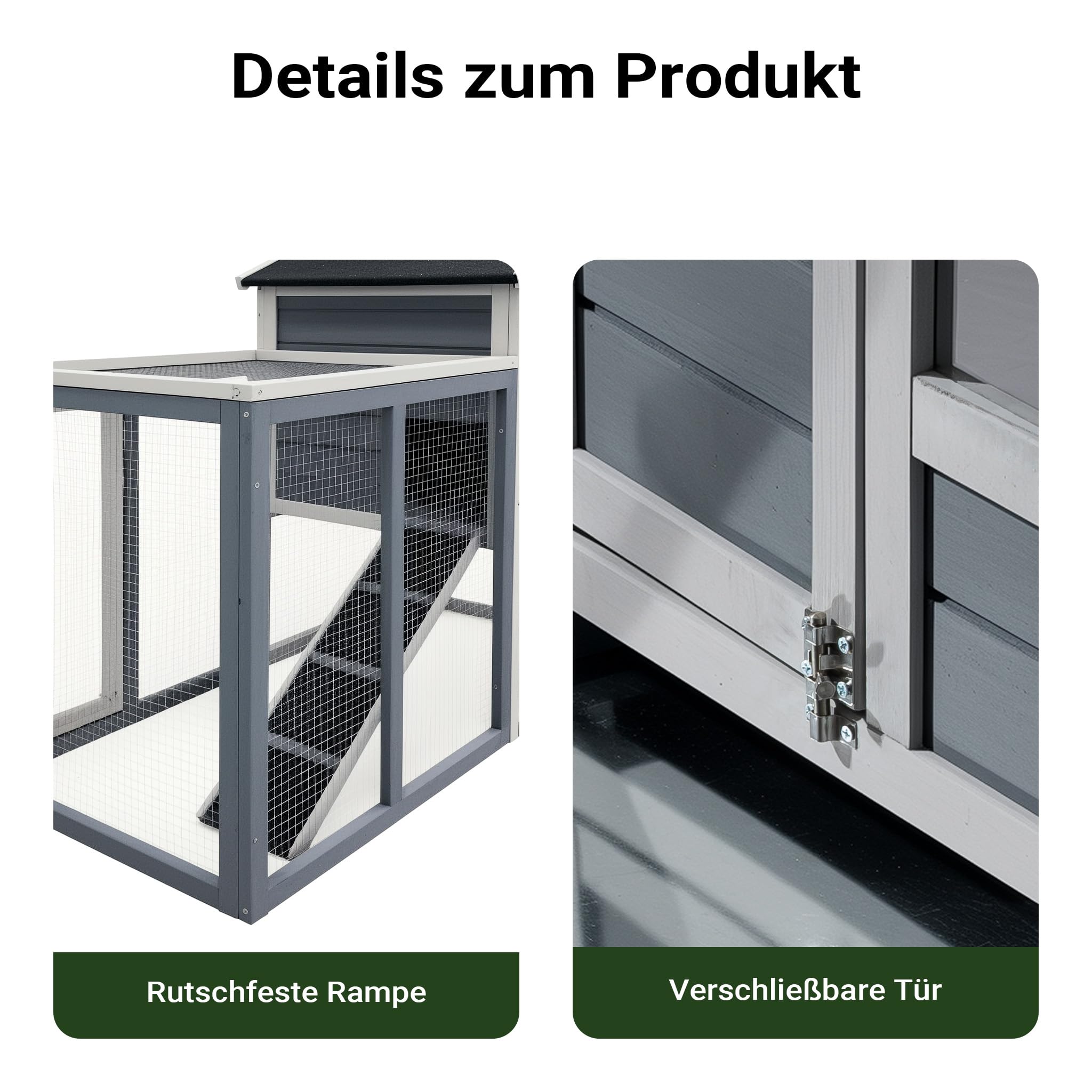 Wiltec Hasenstall grau-weiß 1220 x 630 x 920 mm mit Freilaufgehege und erhöhtem Unterschlupf aus Holz, Kaninchenkäfig mit 2 Etagen, Kleintierstall