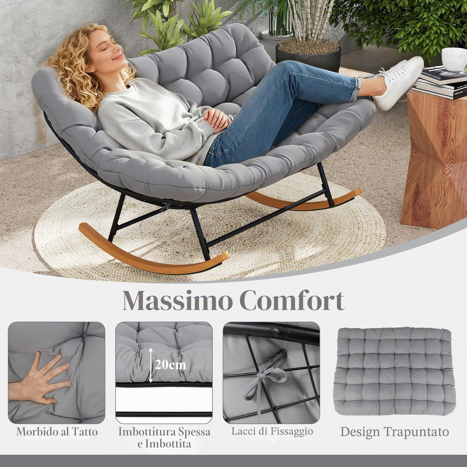 GIANTEX Grande sedia a dondolo per 2 persone, con cuscino imbottito, struttura in metallo, poltrona relax con carico di 320 kg, per soggiorno, giardino, patio, 150 x 110,5 x 81 cm