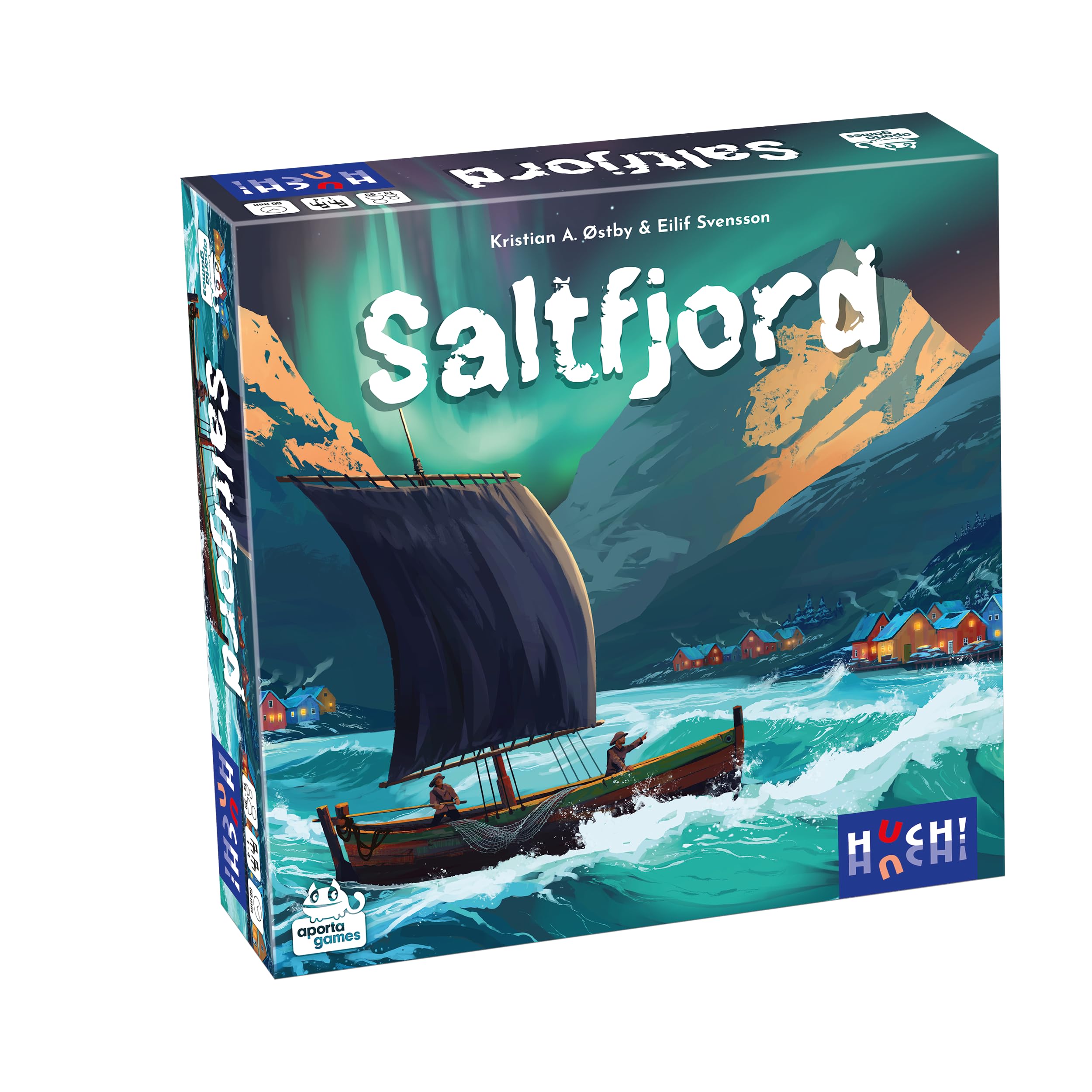 HUCH!, SALTFJORD, Gesellschaftsspiele, Strategisches Fischerdorf-Abenteuer mit innovativem Würfelmechanismus, Ideal für spannende Spielabende, Für 1–4 Spieler ab 14 Jahren
