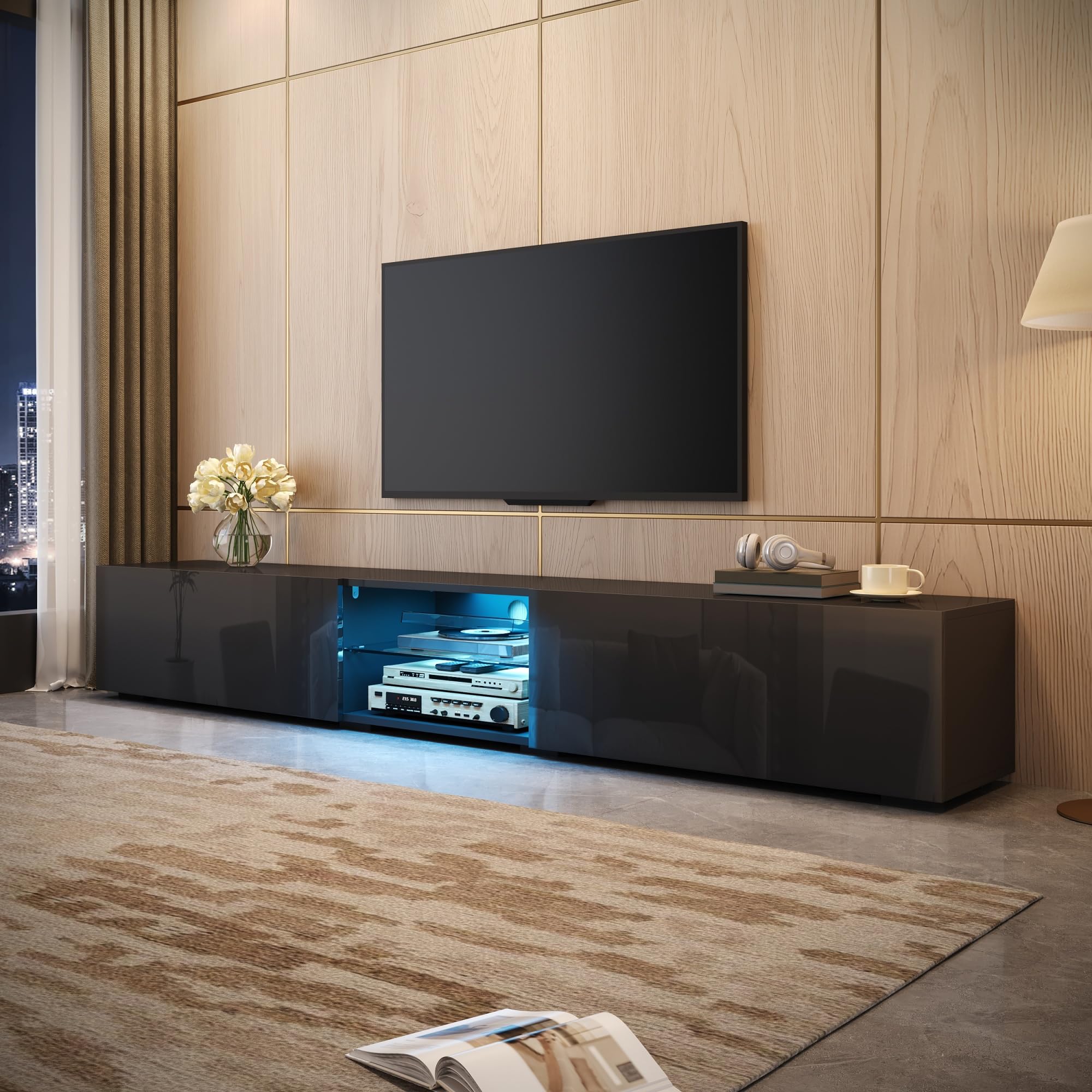 Meuble TV 200 Cm Noir Brillant avec LED RGB, Banc TV Moderne avec Rangement Fermé Et Étagère Transparente, Meuble Télé Salon pour Téléviseur Jusqu'à 75 Pouces, Design Contemporain Noir-C