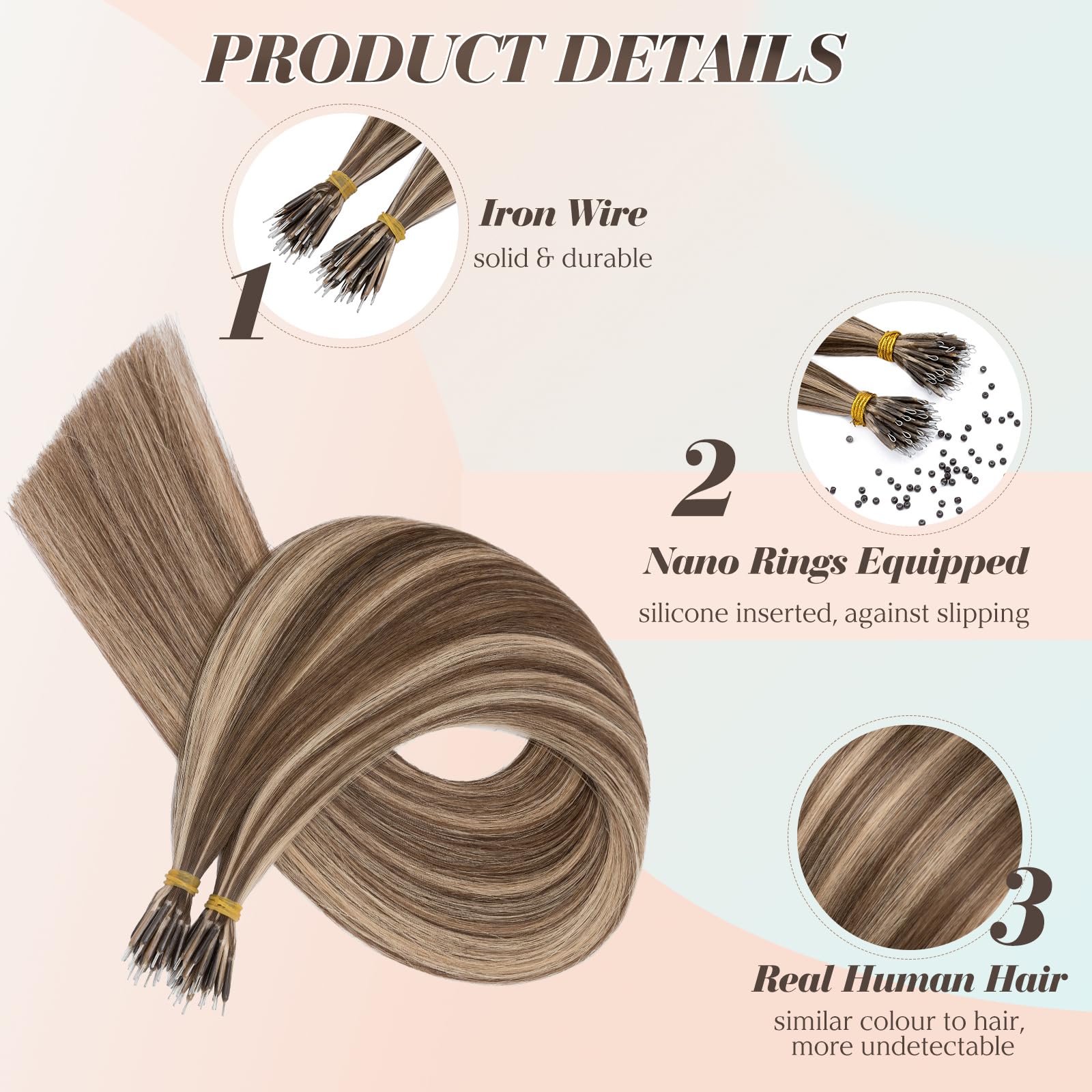 Benehair Nano Ring Hair Extensions Real Human Hair Extensions Nano Straight Remy Invisible 50g/Pack #4/27 Medium Brown Mix Dark Blonde 16 Inches - Image 3