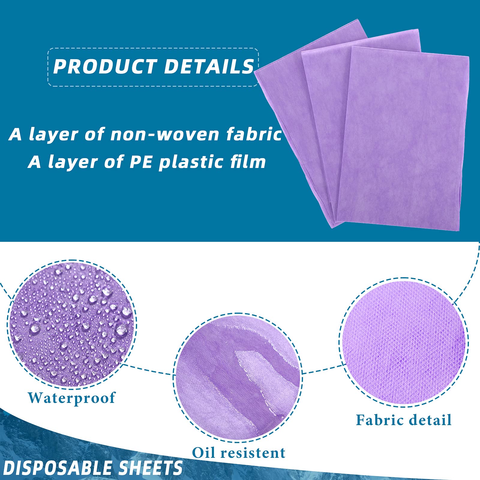 50 piezas de sábanas desechables impermeable cama cubierta de masaje tabla hoja no tejida para spa, salón de belleza, hoteles (púrpura)
