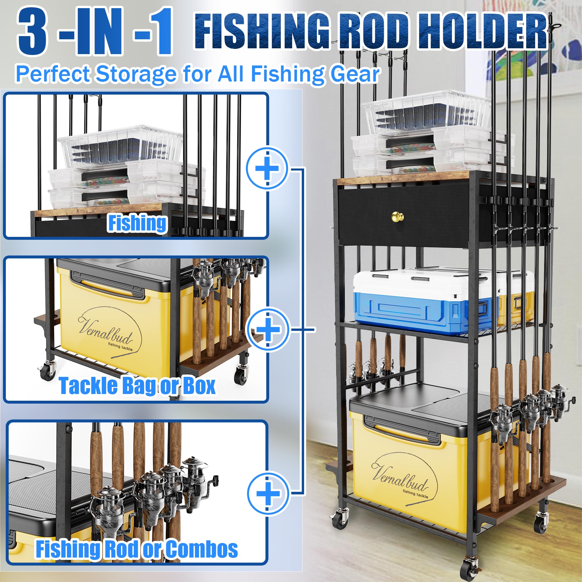 Supporto per canna da pesca per garage con capacità fino a 10 canne, supporto rotante a 360 gradi, carrello di stoccaggio per attrezzatura da pesca, regali per uomo e donna