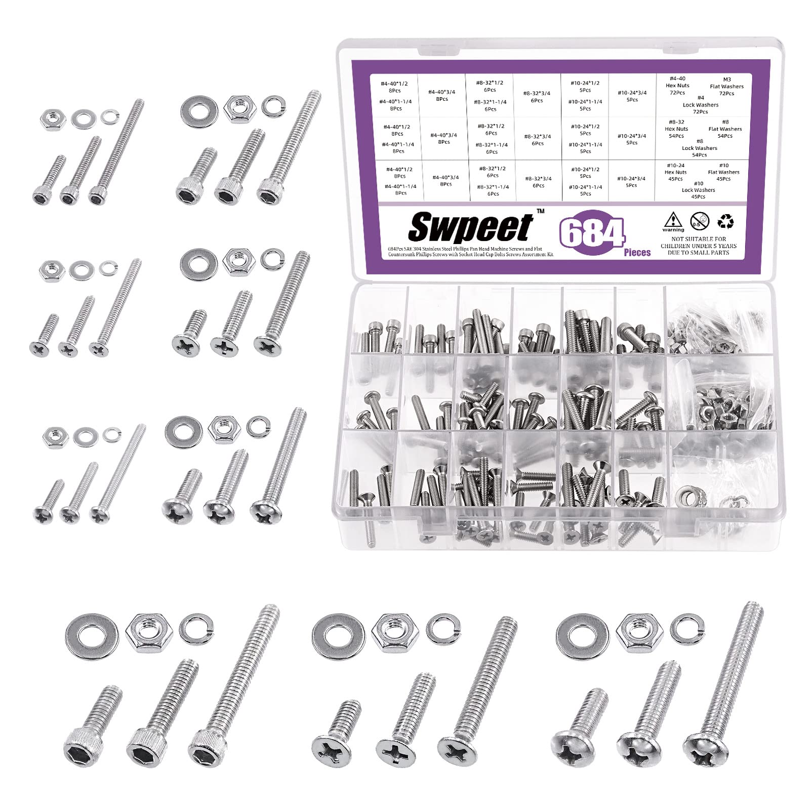 Swpeet 684Pcs SAE #4#8#10 304 Stainless Steel Phillips Pan Round Head Machine Screws and Flat Countersunk Phillips Screws with Socket Head Cap Bolts Screws Kit, Hex Nuts Washers All Included