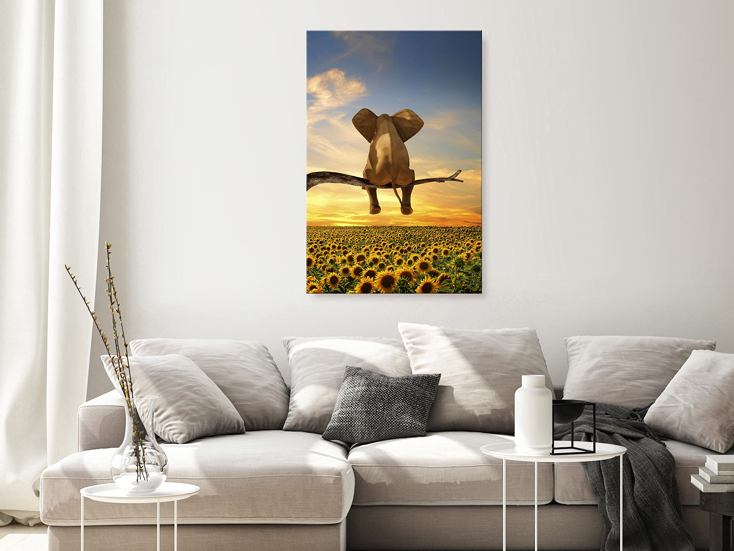 artgeist Acoustic Canvas Wall Art Print Elephant on a Tree 24x35 in - 1pcs Picture with Acoustic Foam Sound Print Artwork Room Acoustics Soundproofing Sunflowers Landscape g-C-10051-b-a