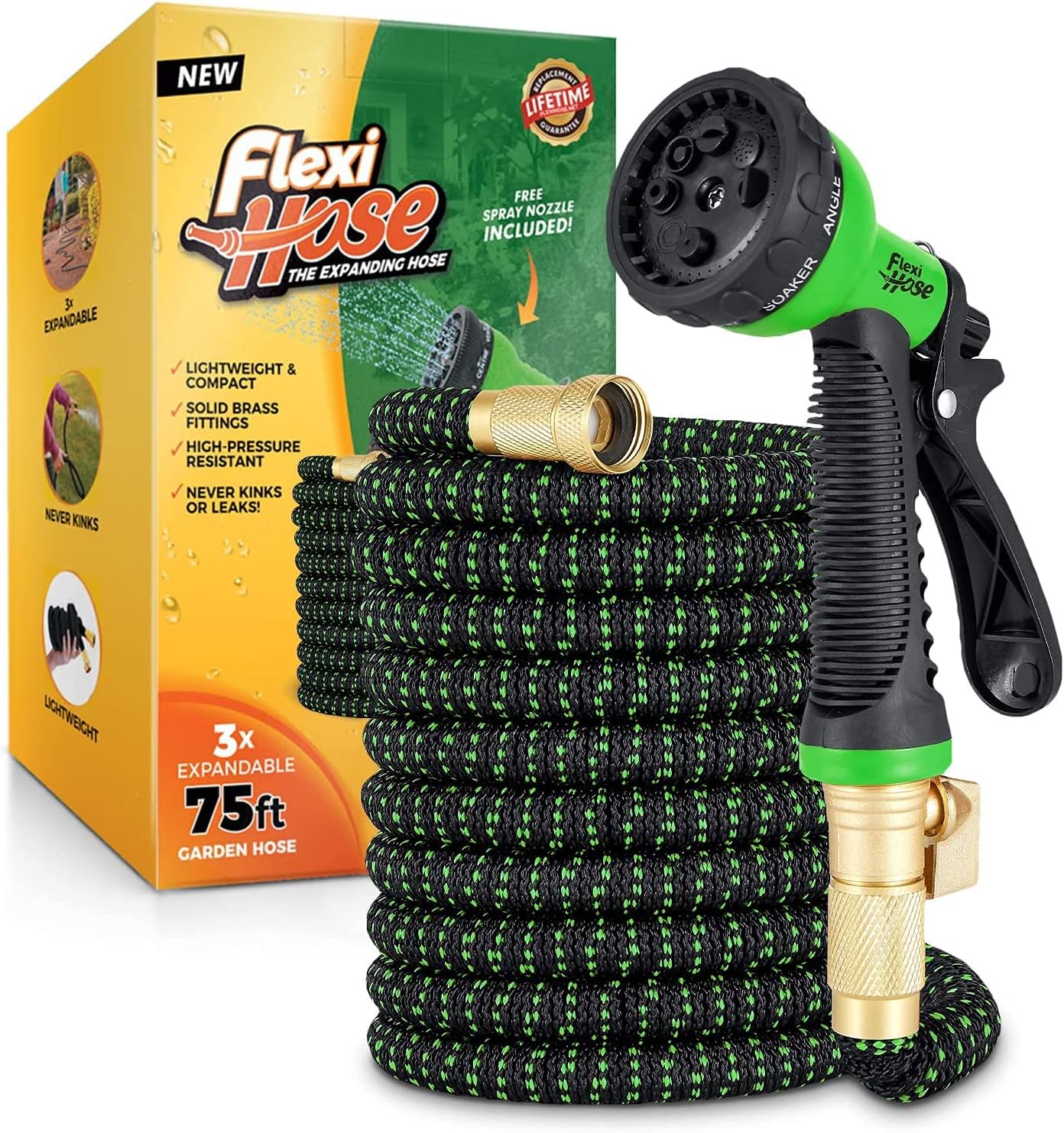 MULTIPLE COLORS - Flexi Hose with 8 Function Nozzle Expandable Garden Hose, Lightweight & No-Kink Flexible Garden Hose, 3/4 inch Solid Brass Fittings and Double Latex Core, 75 ft Green Black : Patio, Lawn & Garden