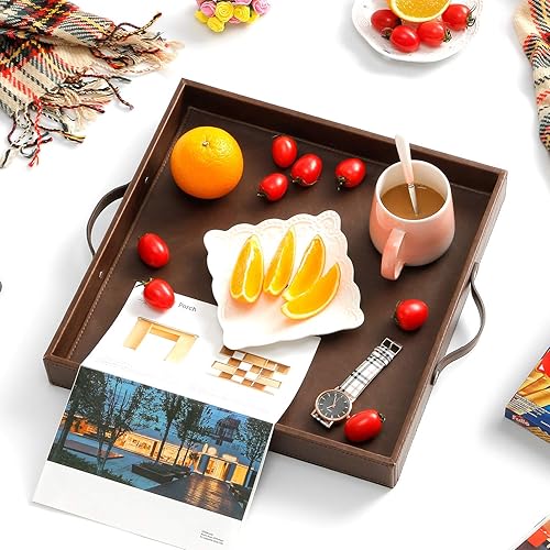 Miniatura 5 de Ranslen Bandeja cuadrada de cuero para servir con asas, bandejas de mesa de 15 x 15 pulgadas para mesa auxiliar otomana, bandeja decorativa para el