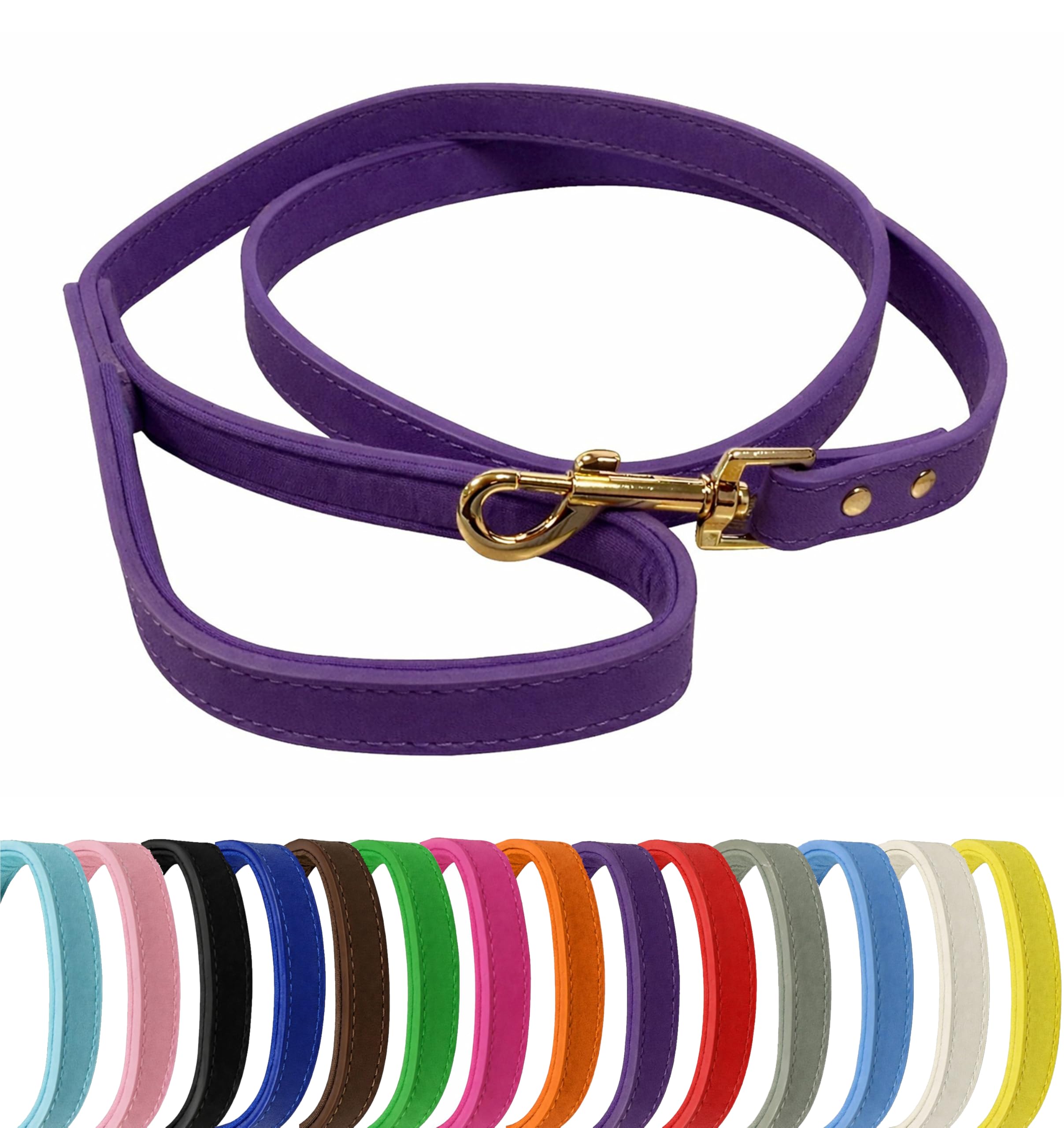 Vibrant Genuine Leather Dog Lead with Soft Neoprene Padded Handle & Metal 360° Swivel Clasp 120cm Leash (Purple, Small (1.5cm Wide))