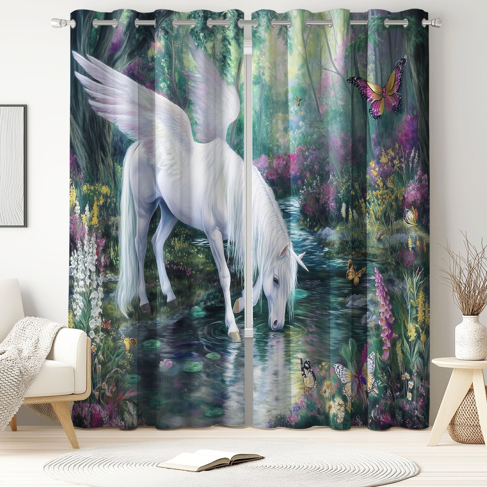 Générique Rideau Occultant Fantaisie, Rideaux Thermiques à Oeillets Licorne Forêt Illustration pour Chambre d'enfants Salon Cuisine, 140 x 160 cm(L x H) Isolant Thermiques Anti UV Rideaux, Lot de 2
