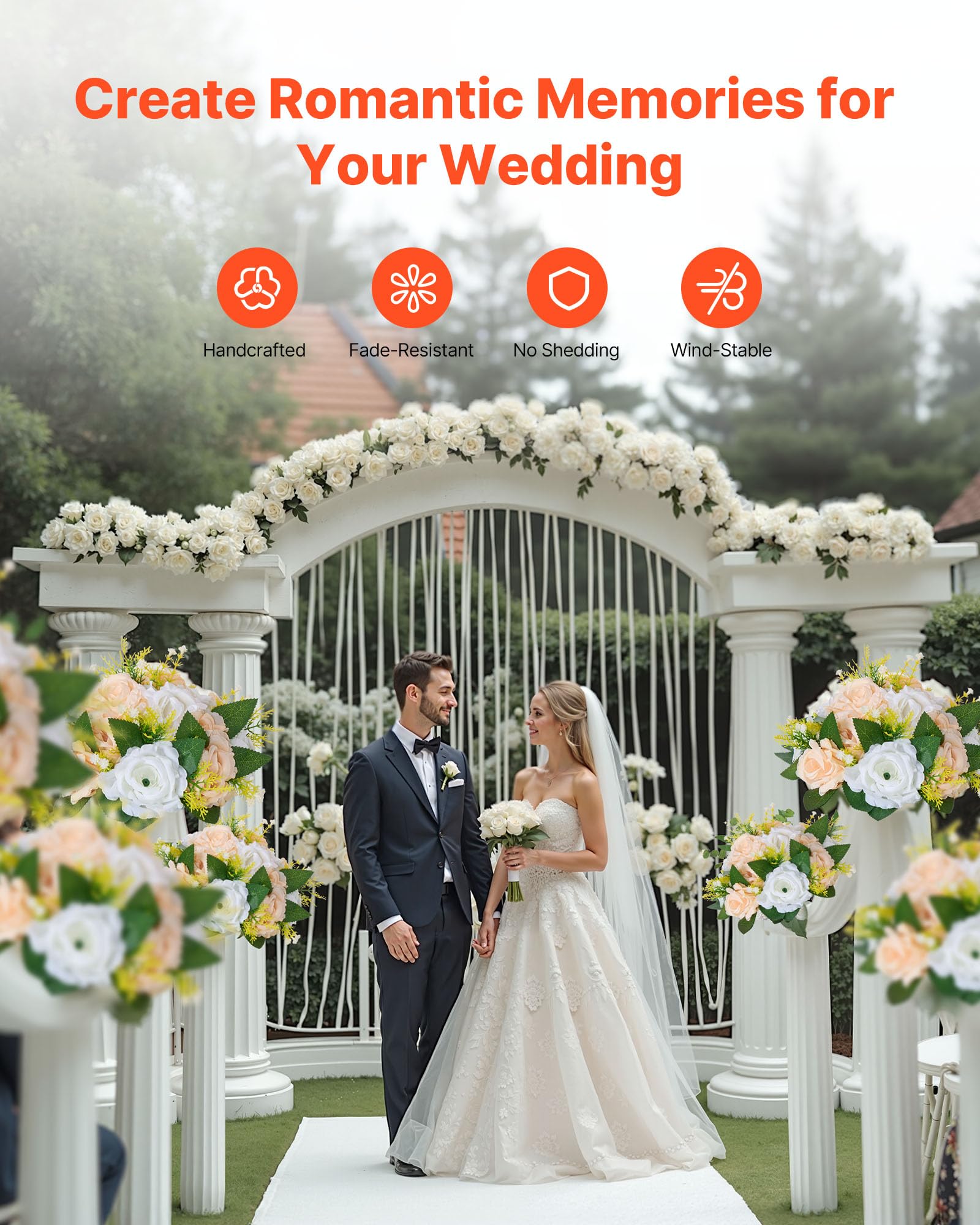 VEVOR Kunstblumen, 10 Stück, 240x240x120 mm, künstliche Blumenkugeln, Seidenrosen, Rosenarrangements für Hochzeiten, Partys, Tischdekorationen und Wohndeko, Champagnerfarbene & weiße Rosen