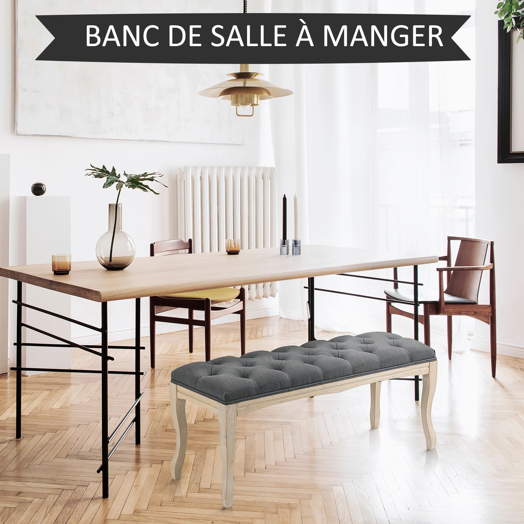 HOMCOM Panca imbottita stile classico, 110 cm, con testiera imbottita in lino, base in legno di Hevea intagliato, lino, grigio