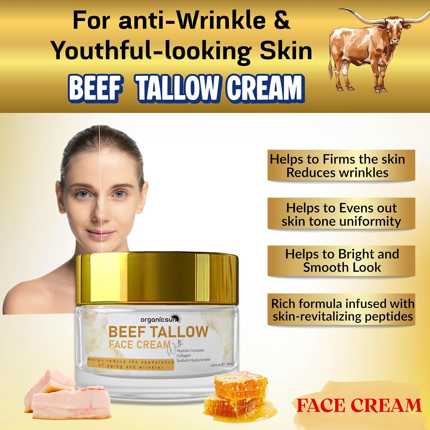 Beef Tallow Face Cream - 100% Grass Fed Anti Aging Moisturizer with Copper Peptides, Honey & Collagen for Wrinkles & Firming