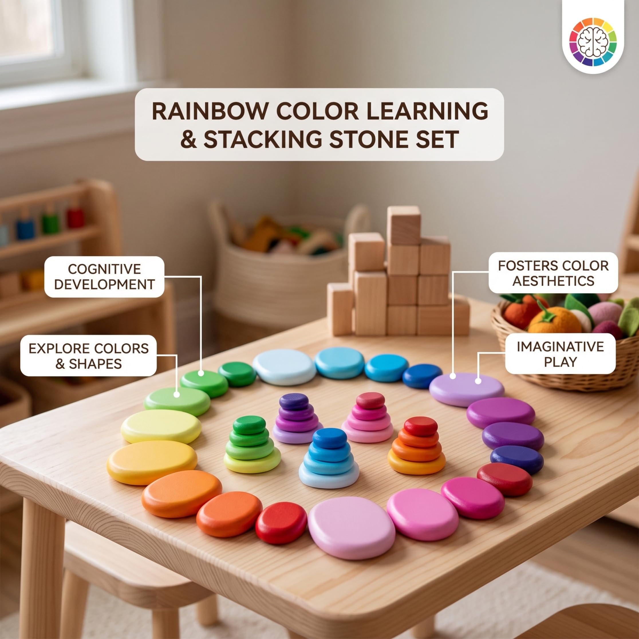 Juguetes apilables para niños pequeños de 1 a 3 años, Bloques de Madera para niños pequeños de 1 a 3 años – Juego Creativo de Piedras apilables de Madera de arcoíris