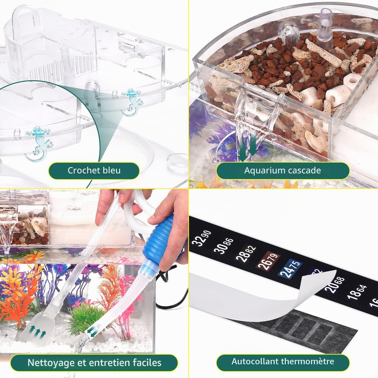 Betta Kit d'aquarium autonettoyant avec lumière LED, filtre, chauffage, décorations et accessoires – Idéal pour système de culture hydroponique et aquaponie 9 l