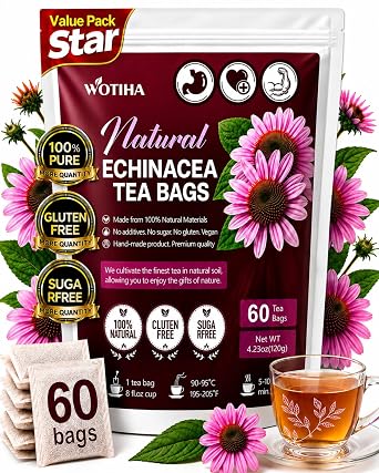 WOTIHA Echinacea Tea Bags, 60 Count, Pure Herbal Infusion, Caffeine Free