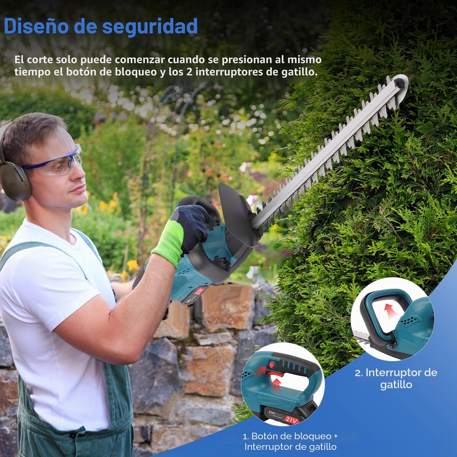 Cortasetos Bateria,Corta Setos Jardin Electrico con 2x2000 mAh Batería,Motor sin Escobillas, Longitud de Cuchilla de 48 cm, Velocidad de 3000 RPM, Apto para Desherbar, Podar Arboles y Arbustos