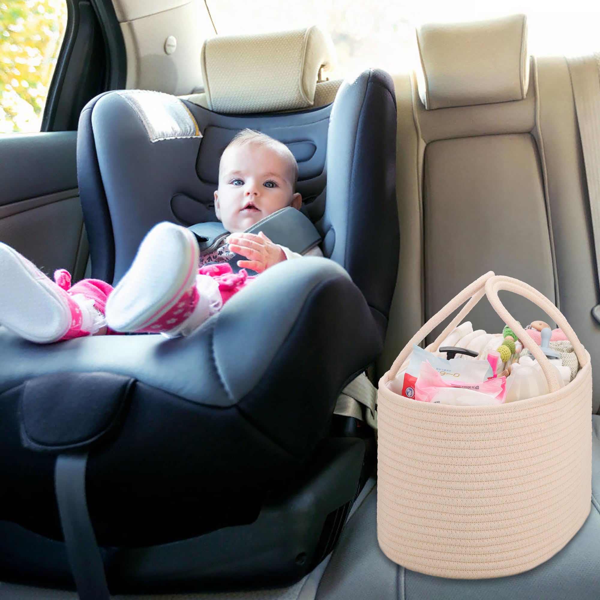 COMSE Large Nappy Caddy Organizer for Girl Boy Baby Car Diaper Caddy with Handles, Cotton Rope Diaper Basket - Image 4