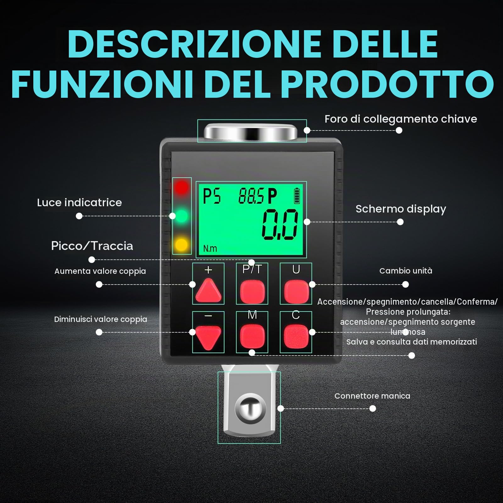 Set di Chiave Dinamometrica Digitale, Dinamometro 1/2 1/4 3/8 Adattatori ad Alta Precisione 5 Unità di Coppia Retroilluminate 2 Modalità per Riparazioni Automobilistiche Bici Moto (3.4-340Nm)