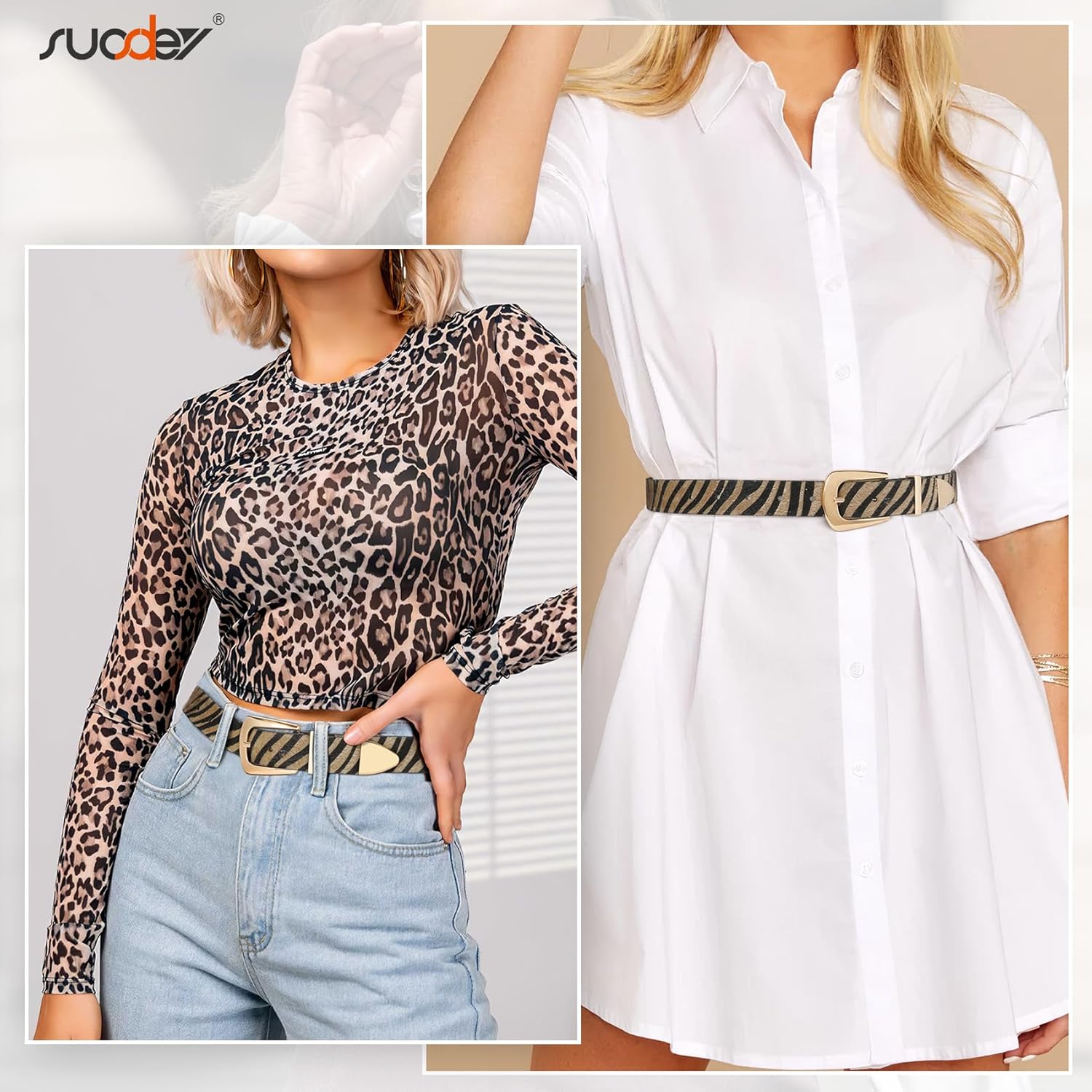 SUOSDEY Women's Leather Belts for Jeans Pants, Vintage Western Belt with Gold/Silver Buckle - Image 2