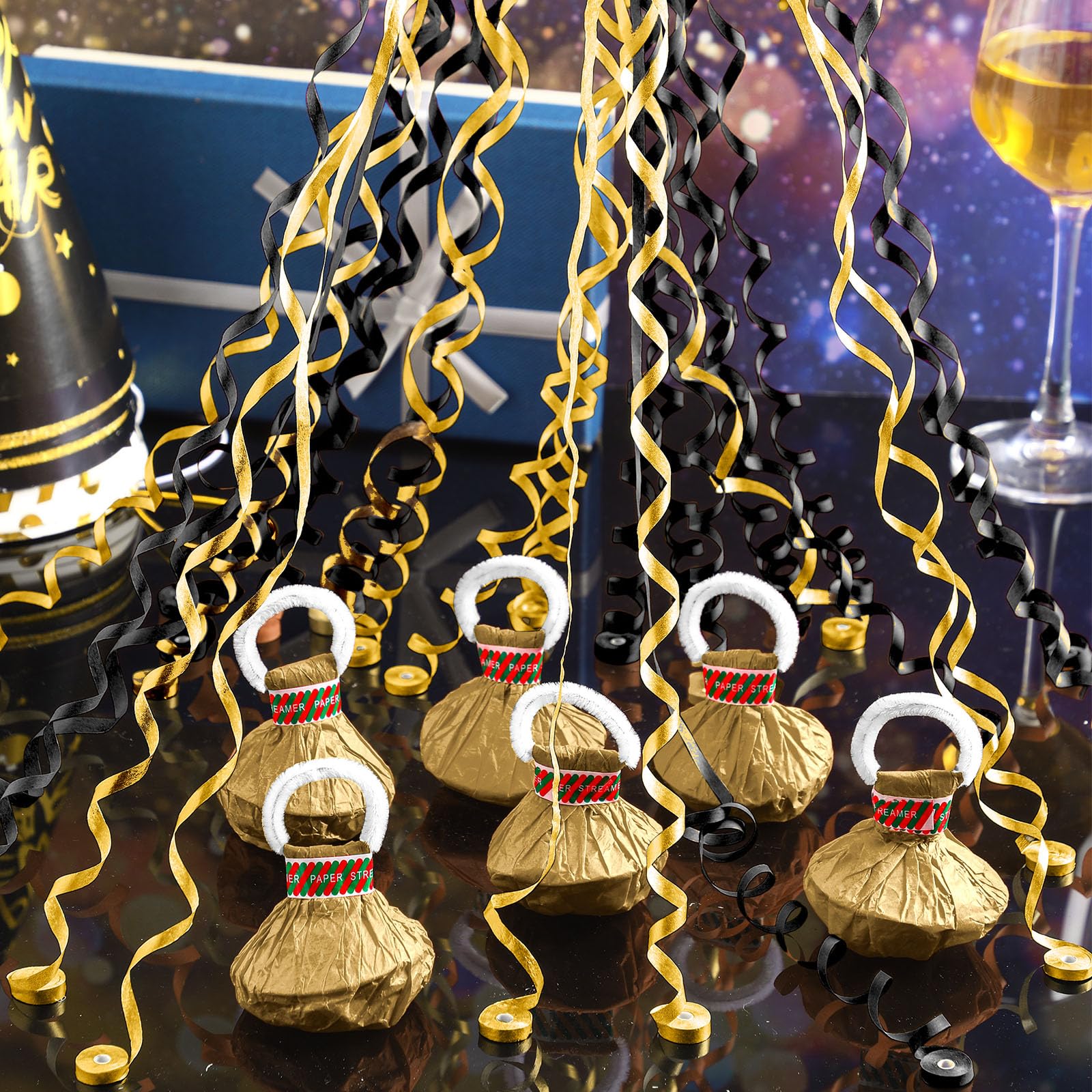 WinnerWhy 100 Stück goldfarbene Handwurf-Luftschlangen, Popper, kein Durcheinander, Papierknallbonbons, Konfetti, Schwarz-Gold, Luftschlangen für Feiern, Abschlussfeiern, Geburtstage, Hochzeiten,