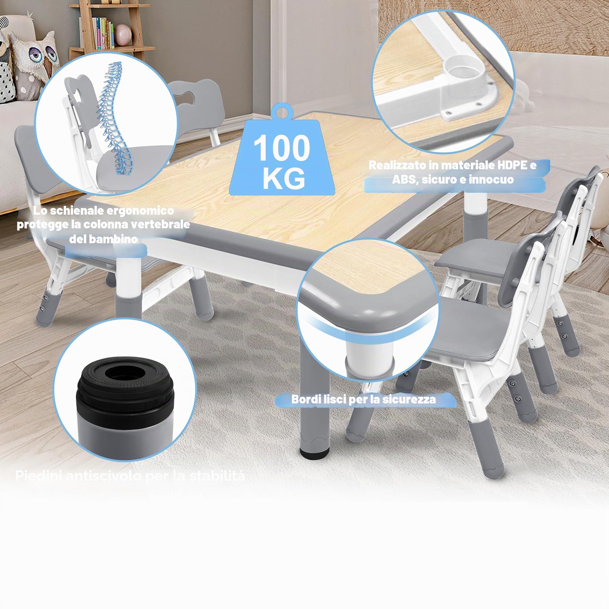 UISEBRT Tavolo per bambini con 4 sedie, regolabile in altezza, per bambini dai 2 anni in su, set da tavolo in plastica, mobili per bambini per l'asilo e la cameretta dei bambini, grigio