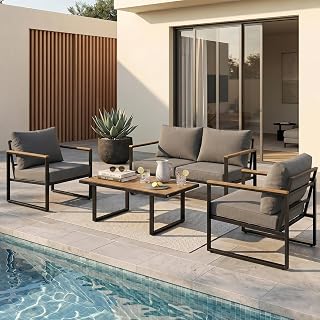 Modern Patio Furniture Set, 4 Pieces Outdoor Conversation Set | Metal Patio Furniture with 4" Washable Foam Cushions and Coffee Table for Front Porch Backyard, Ships in 1 Box, Gray