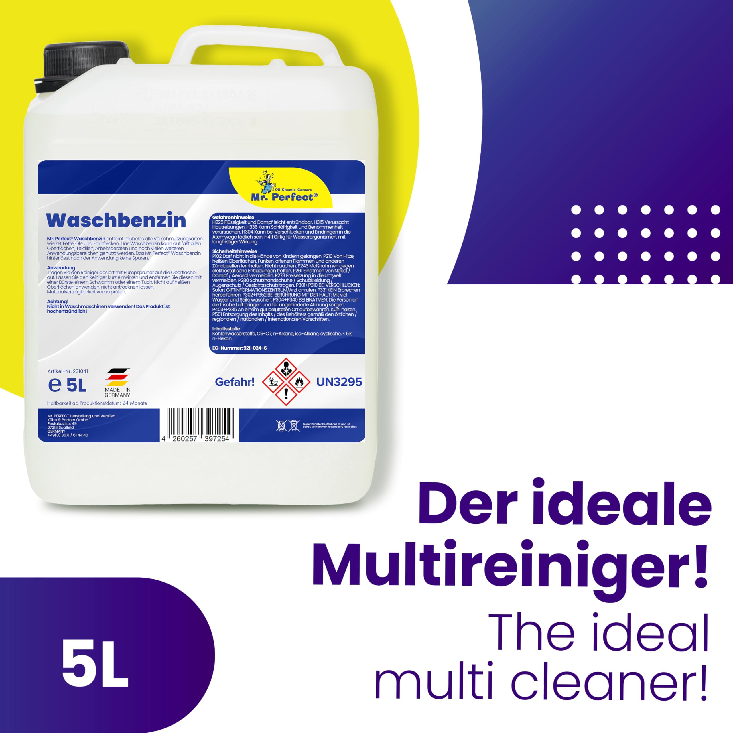 Mr. Perfect® - Waschbenzin 5L - Lösungsmittel für Fleckentfernung auf Textil, Kunststoff, Oberflächen & Arbeitsgeräten - Waschbenzin Reinigungsbenzin - Benzin Reiniger