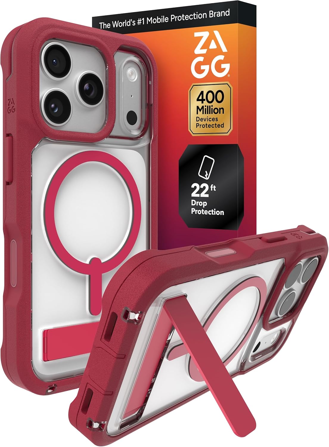 ZAGG Rainier Case with Kickstand for iPhone 17 Pro - Red Black Cherry, Graphene 22ft (7m) Drop Protection, Lanyard Attach Points, MagSafe, Wireless Charging Compatible, 2-Piece Design, Phone Case