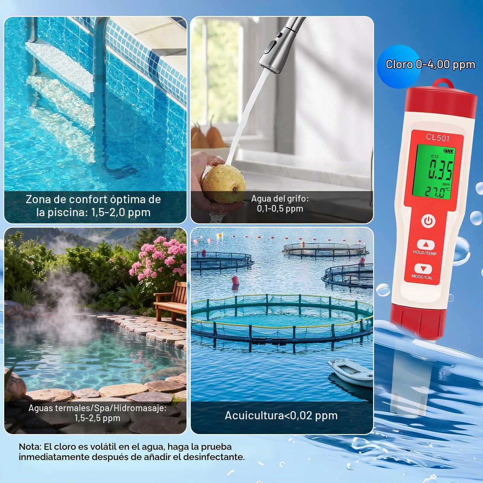 Medidor de pH y Cloro Digital Piscinas, Analizador de Cloro 5 en 1 | Mide pH, Cloro, ORP, H2 y Temperatura, Analizador de agua para Piscinas, Hidroponía, Acuarios y Agua Potable