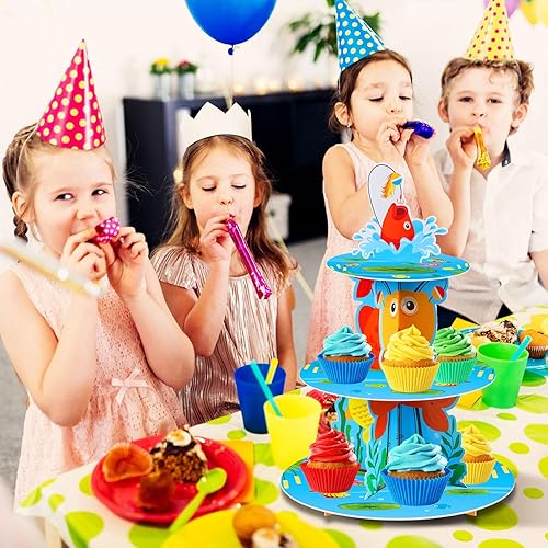 Miniatura 3 de Decoración para tartas de fiesta de pesca, 3 niveles, soporte para cupcakes de pesca con diseño de bobber Gone Ofishally, un soporte para pastel de