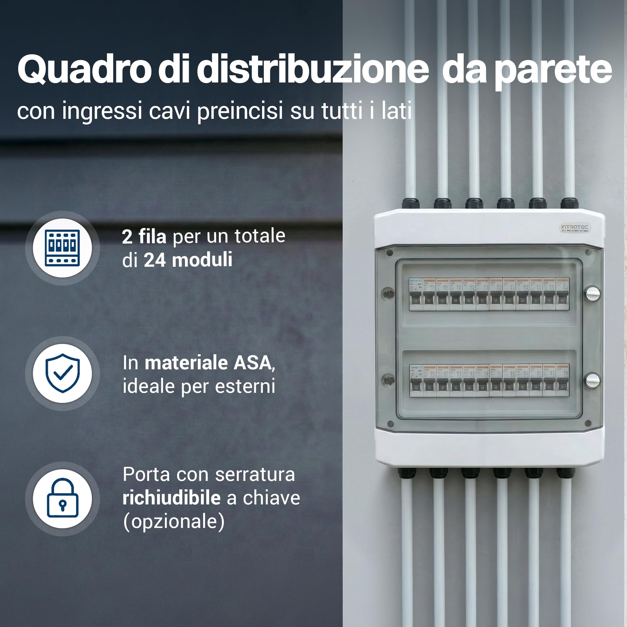 Intratec Centralino da Parete 2 Fila IP65 – Quadro Elettrico per 24 Moduli DIN – Cassetta di Sottodistribuzione Stagna per Esterni Garage Cantina Giardino – 400VAC 1500VDC, 318 x 384 x 144 mm