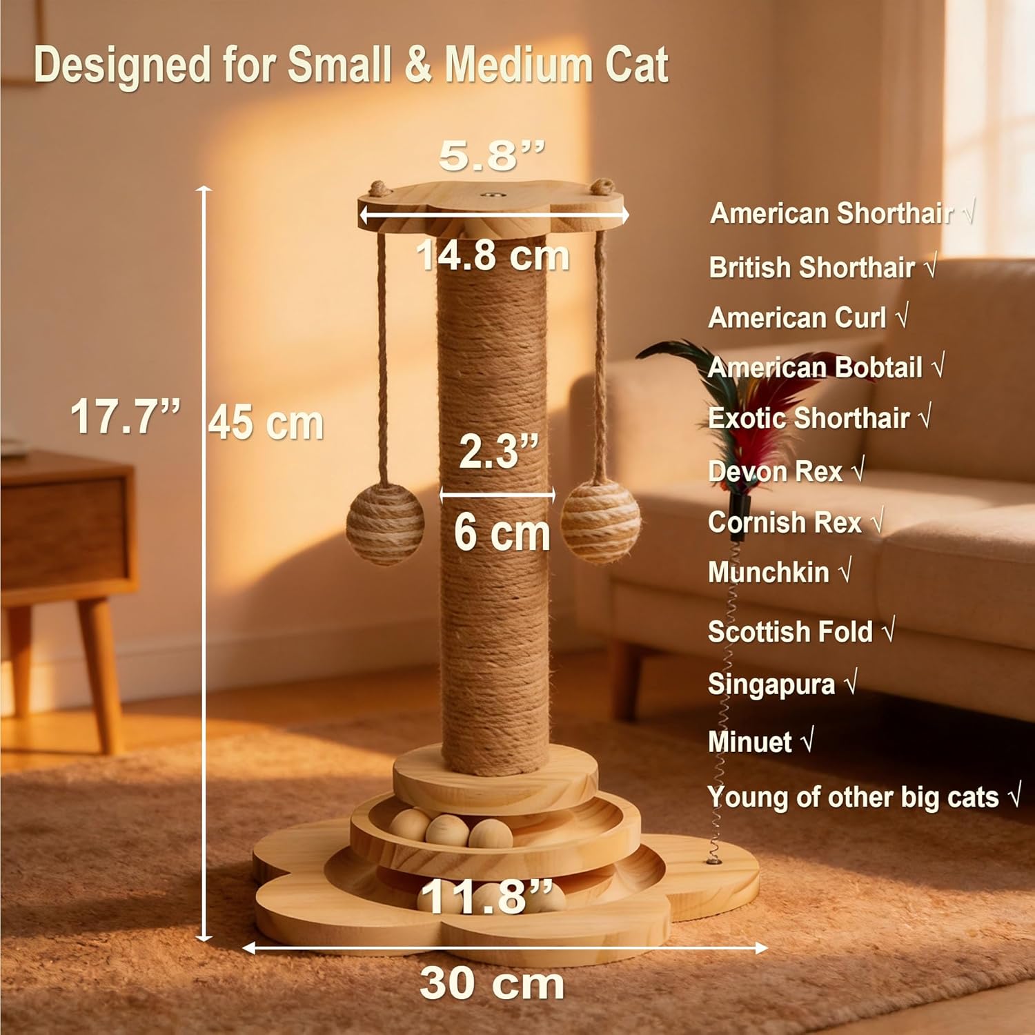 Wooden Cat Scratching Post, 4 in 1 Cat Scratcher Kitten Toys for Indoor Cats, 17.7" Tall Sisal Post with Two-Laye Wooden Ball Track, Ideal for Small Medium Cat