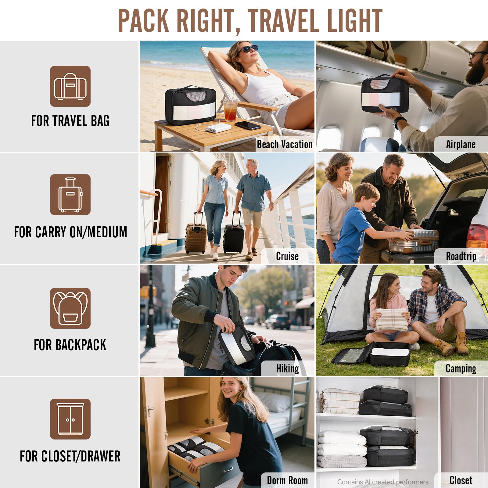 Veken 9 Set Packing Cubes for Travel,Anti-Wrinkle Buckled Suitcase Organizer with Shoe,Toiletry,Makeup Bag,Carry On Luggage Bag with 99+ Count Mesh Holes for Airplane & College Dorm Essentials view 9
