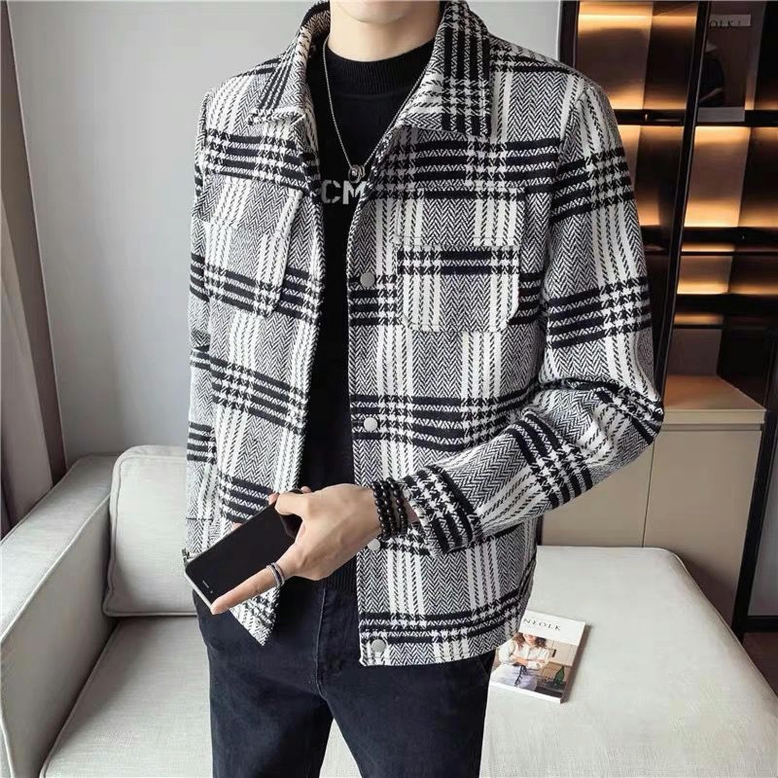Veste en laine à carreaux pour hommes, manteau court et épais, slim et beau, automne et hiver