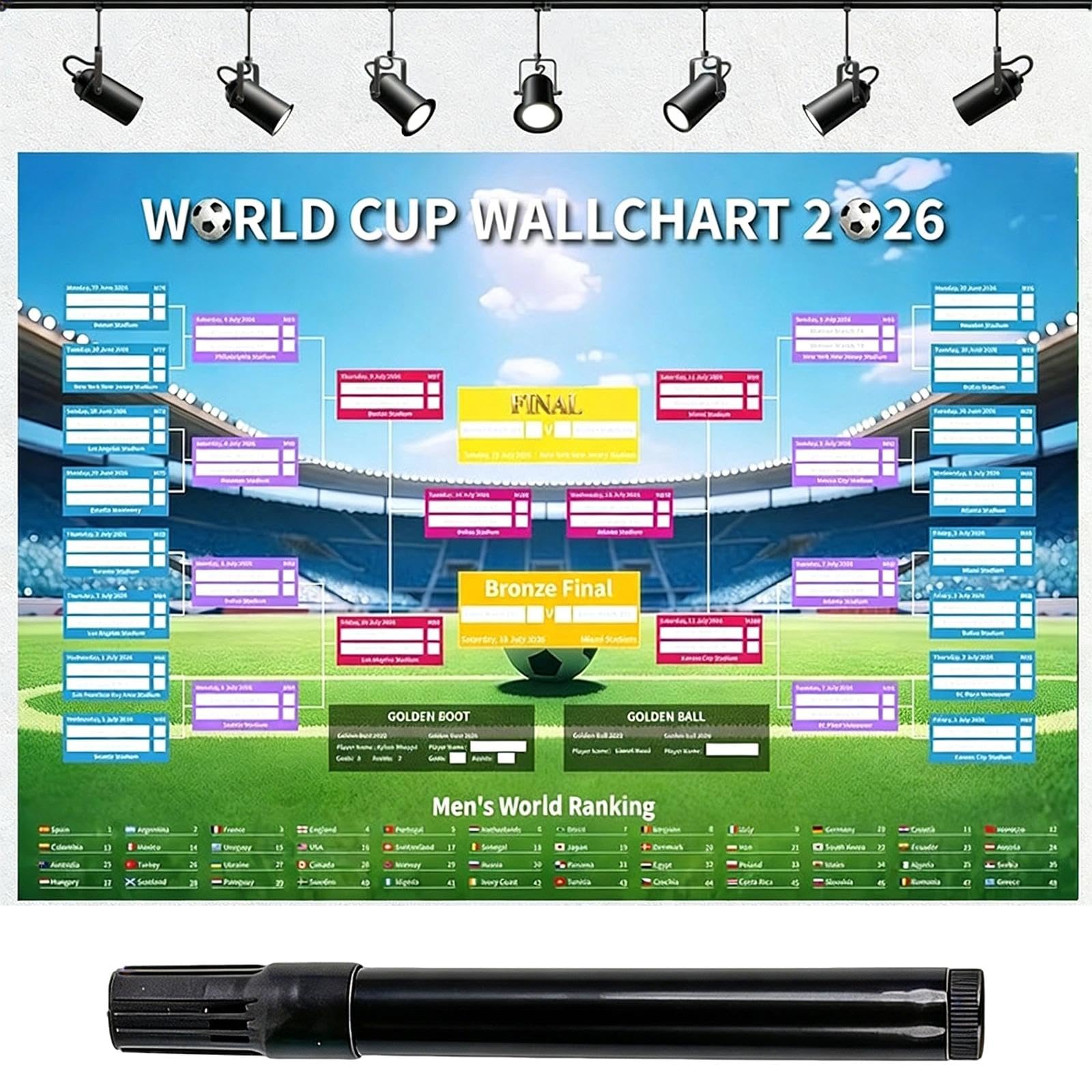 FEITONGFX World Cup 2026, 180x110cm Football Posters, World Cup Waterproof Erasable, Sticker Chart with a Marker Pen Gifts for Soccer Fans Bedroom Living Room & Fan Decor