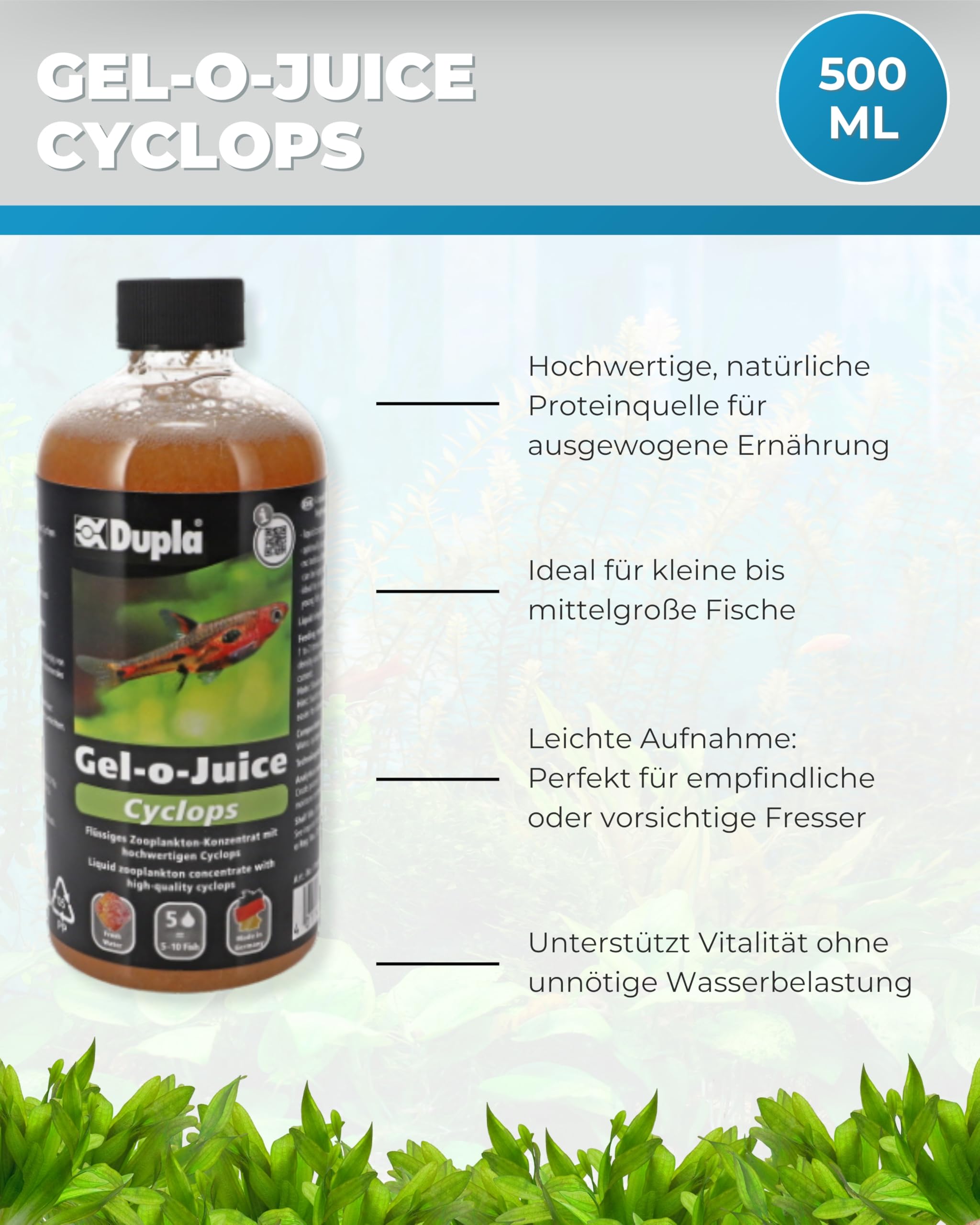 Dupla Gel-o-Juice Cyclops I 500 ml I flüssiges Zooplankton-Konzentrat mit Ruderfußkrebsen I für gutes Fischwachstum und gesunde Korallen I nährstoffreiches Fischfutter