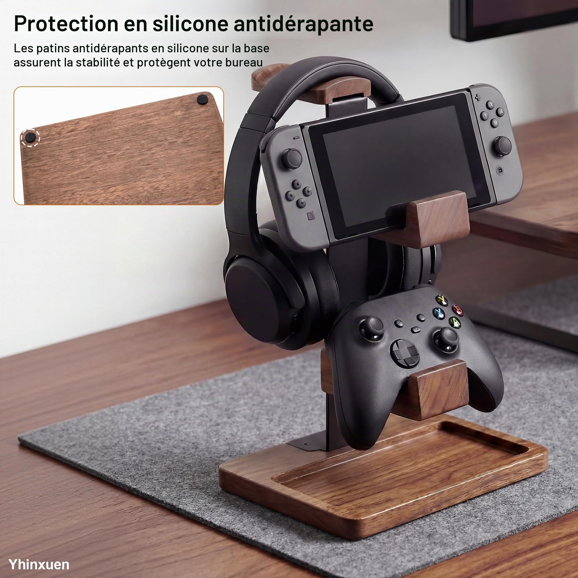 Support 2 en 1 pour manette et casque, Étagère de rangement à deux niveaux en bois massif pour accessoires de jeu. Support pour manette de jeu universelle/casque (Marron clair)