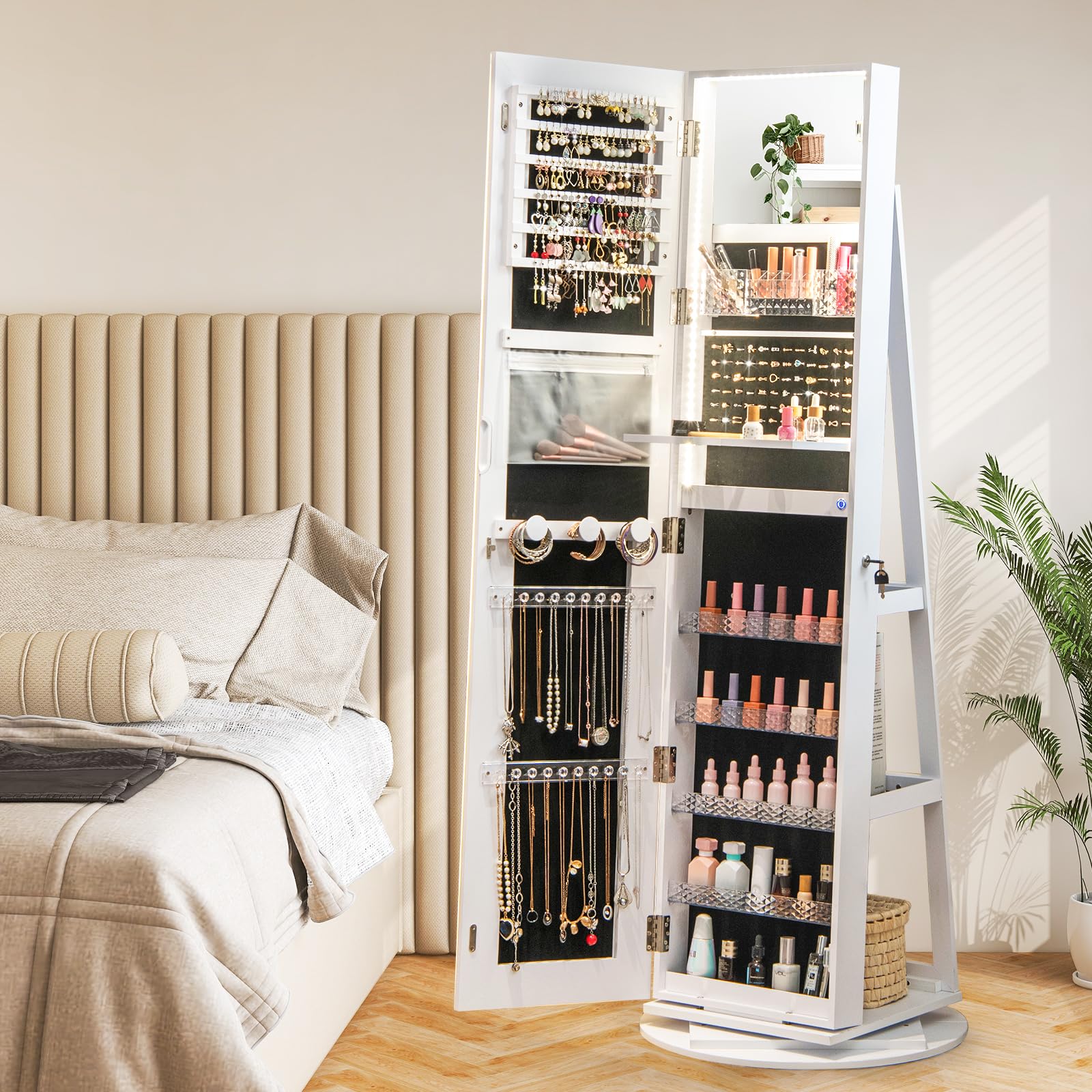 RELAX4LIFE Armario Joyero con Base Giratoria 360°y Espejo Cuerpo Entero, Espejo Joyero de Pie con Luces LED Luminosas, Organizador para Joyas y Accesorios (Blanco, 54,5x54,5x160 cm)