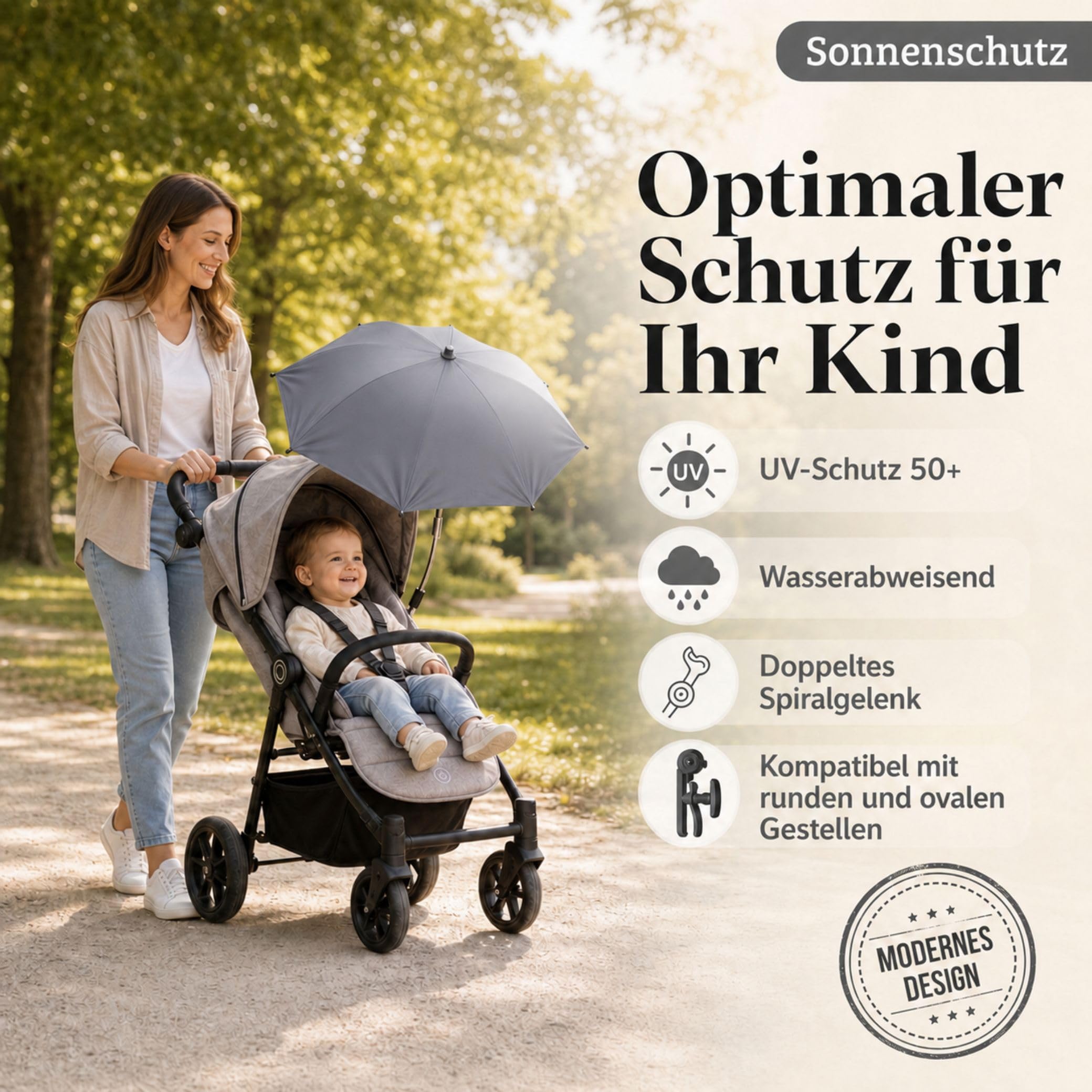 Fillikid Sonnenschirm Exklusiv für Kinderwagen & Buggys | Stilvoller Sonnenschutz für kleine Entdecker | UV-Schutz 50+, wasserabweisend, trendiges Design & einfache Montage | 72 cm Durchmesser
