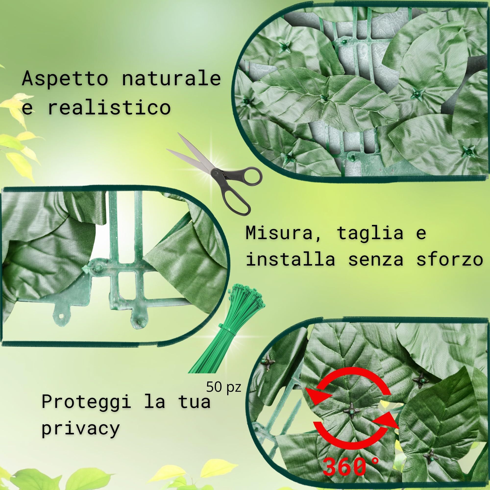 siepe artificiale da esterno e interno, siepe finta per recinzione, edera finta artificiale, frangivista balcone e recinzione giardino, 50 fascetti verdi inclusi (FOGLIE DI LAURO, 1x3 Mt)