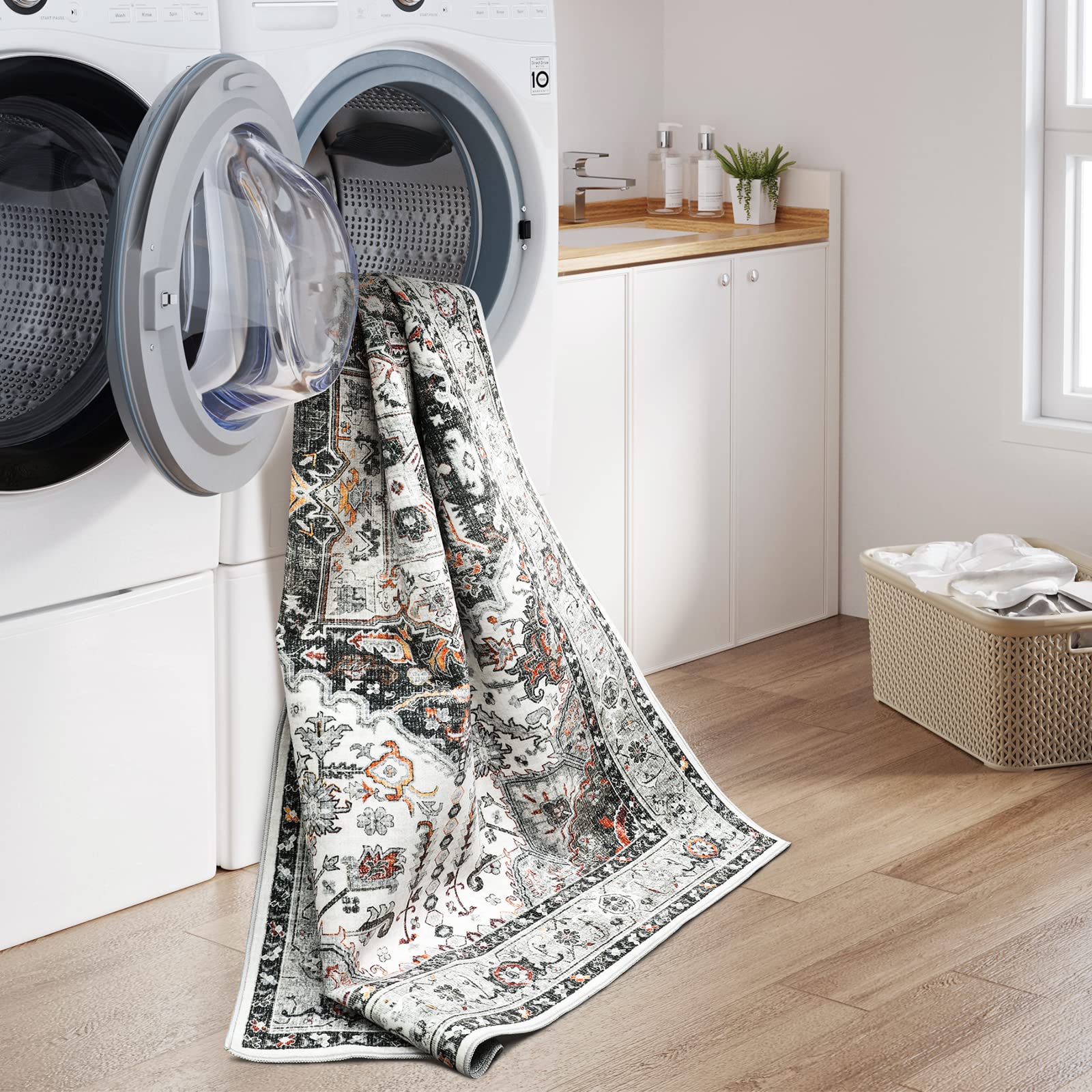 xilixili Area Rug 6x9 - Anti-Slip Backing Washable Rug - Stain Resistant Rugs for Living Room,Bedroom & Dining Room,Vintage Printed Area Rugs (Grey/Orange,6'x9')