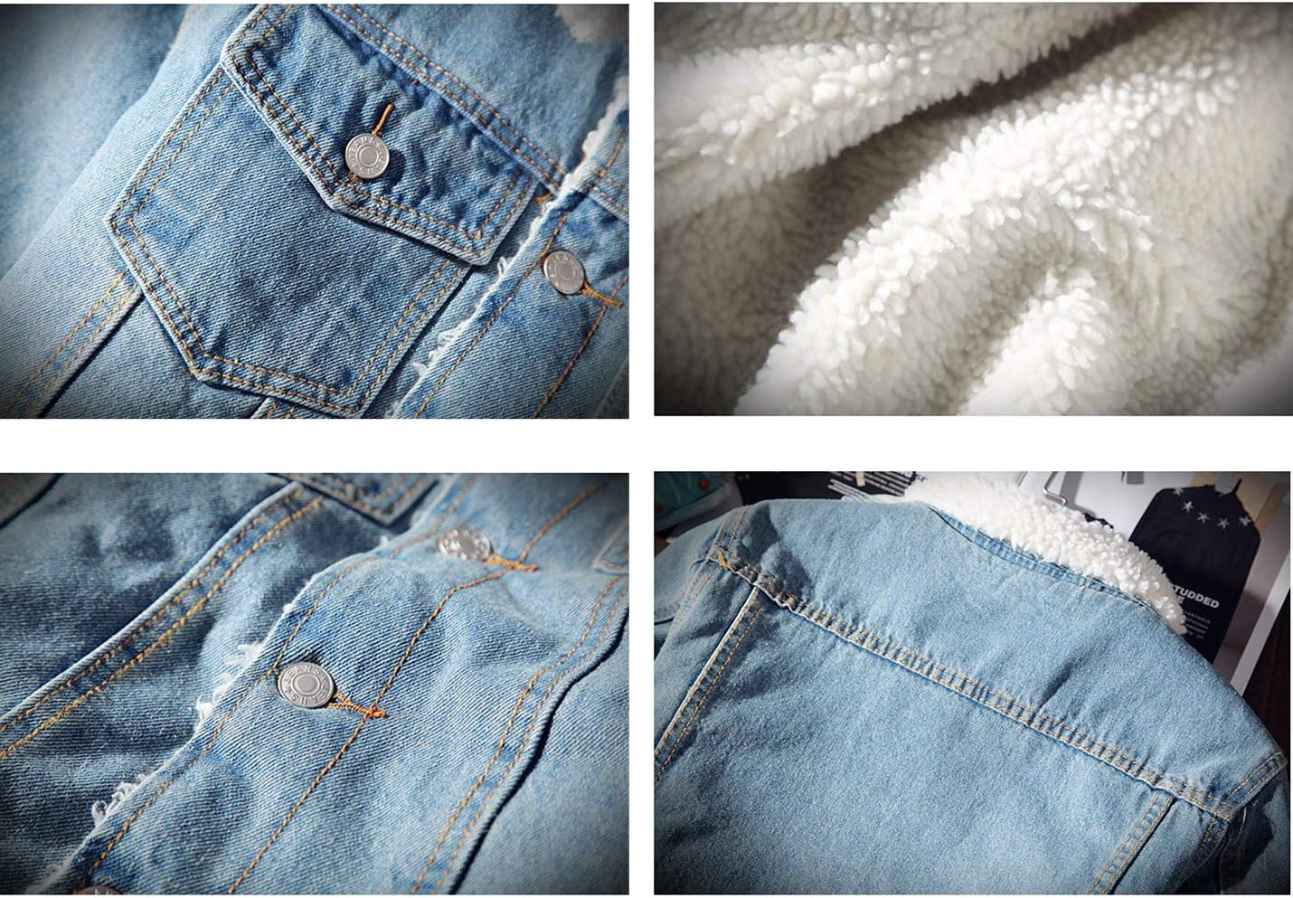 Omoone Men's Lapel Sherpa Fleece Lined Thicken Denim Jean Trucker Jacket Coats - Image 7