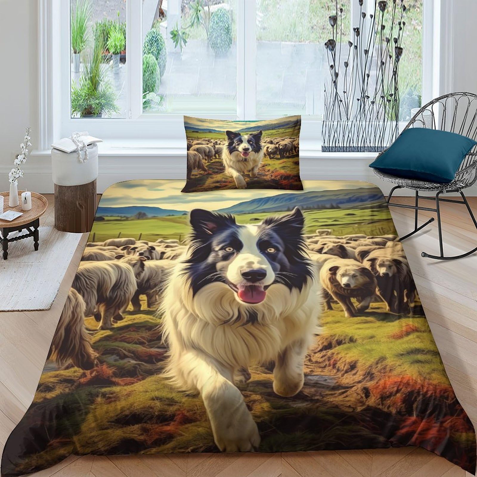EUZZDHESP Border Collie Duvet Cover 3 PCS Hotel Quality Quilt Cover Bedding Sets Bed Covers with Pillowcases with Zipper Closure Ultra Soft Anti Allergic Microfiber Single（135x200cm）
