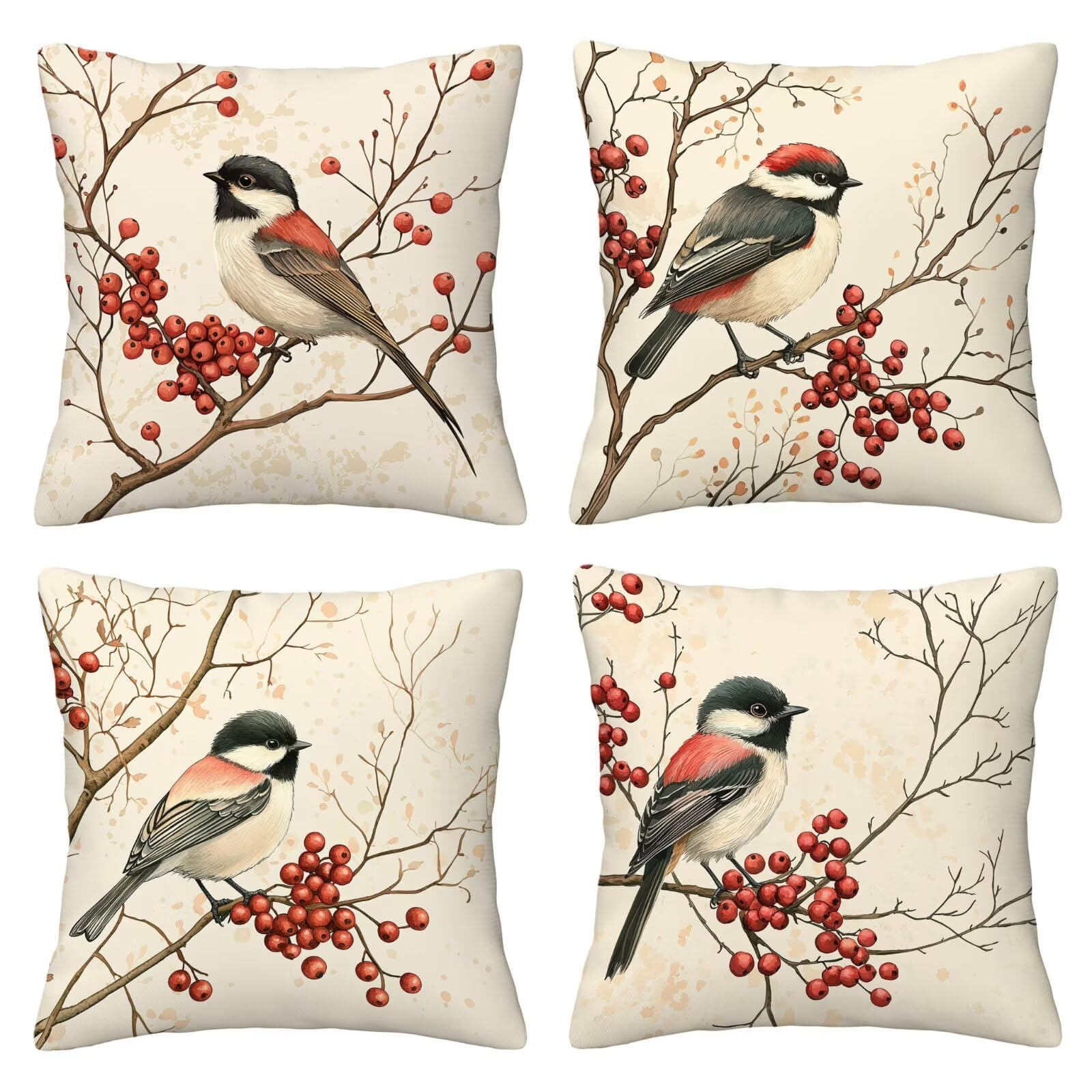 Juego de 4 Funda de Cojín Exterior Impermeable, 55x55 cm Fundas Cojínes Pájaro de Lino, Exterior Impermeable Lino Cojín Animal Decorativo, Fundas de Almohada para Patio Balcón Jardín Sofá Oficina O-48