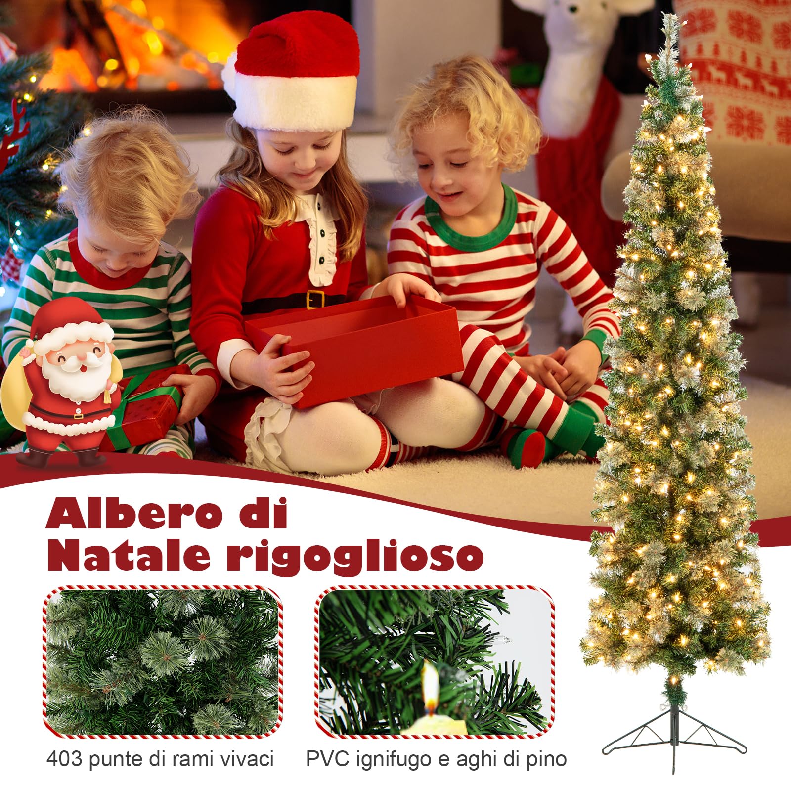 RELAX4LIFE Mezzo Albero di Natale da Parete 210 CM con Luci LED Incorporate, Rami Foglie Realistico in PVC, Base Pieghevole in Metallo, e Aghi di Pino (Modello 2)