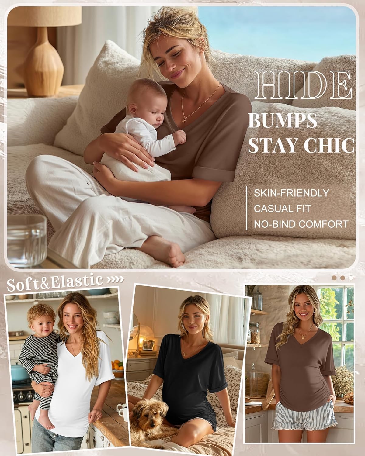 Ficerd 3 Pack Women's Maternity Shirts V Neck Half Sleeve Pregnancy Tunic Tops Side Ruched Mama Clothes Casual Tee Blouse - Image 2