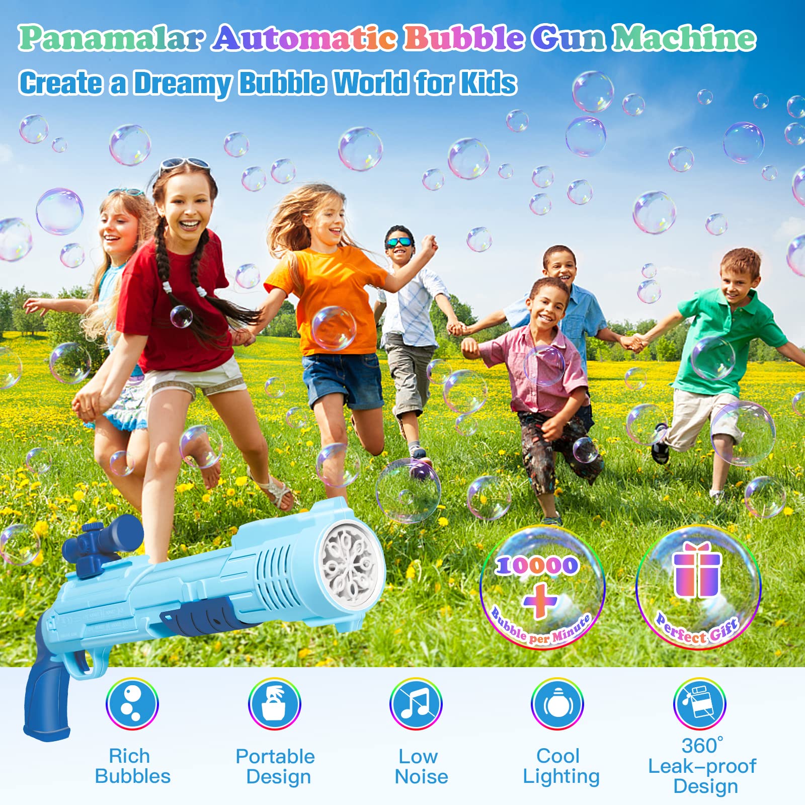 Macchina Bolle di Sapone, Panamalar Pistola a Bolle per Bambini con Luce, 10000+ bolla colorate/min, Creatore di soffiatori di bolla per Esterno/Giardino/Festa/Matrimonio/Regalo/Giocattoli Estivi